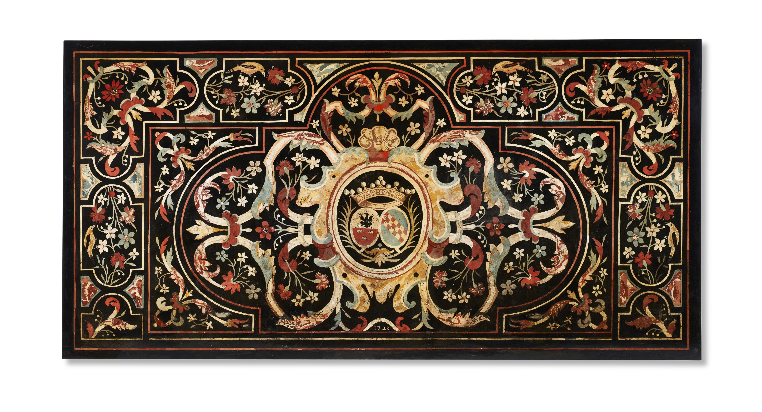 AN ITALIAN SCAGLIOLA PANEL, DATED 1723, NOW RE-LAID AND FITTED AS 
