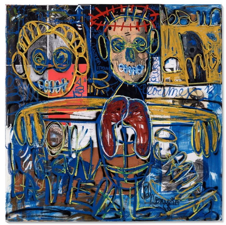Aboudia (b.1983), La renaissance du Christ, 2020. Acrylic, oil stick and mixed media collage on canvas. 58¼ x 59 in (147.6 x 149.9 cm). Sold for $187,500 on 12 March 2021 at Christie’s Online