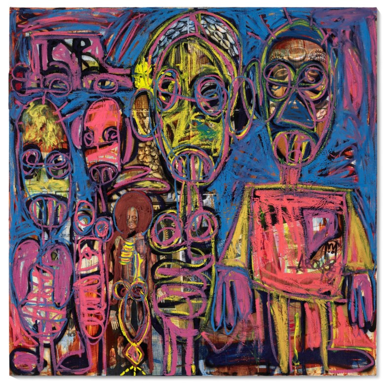 Aboudia (b.1983), La famille, 2020. Acrylic, oilstick and mixed media collage on canvas. 58¼ x 59 in (148 x 149.9 cm). Sold for $125,000 on 12 March 2021 at Christie’s Online