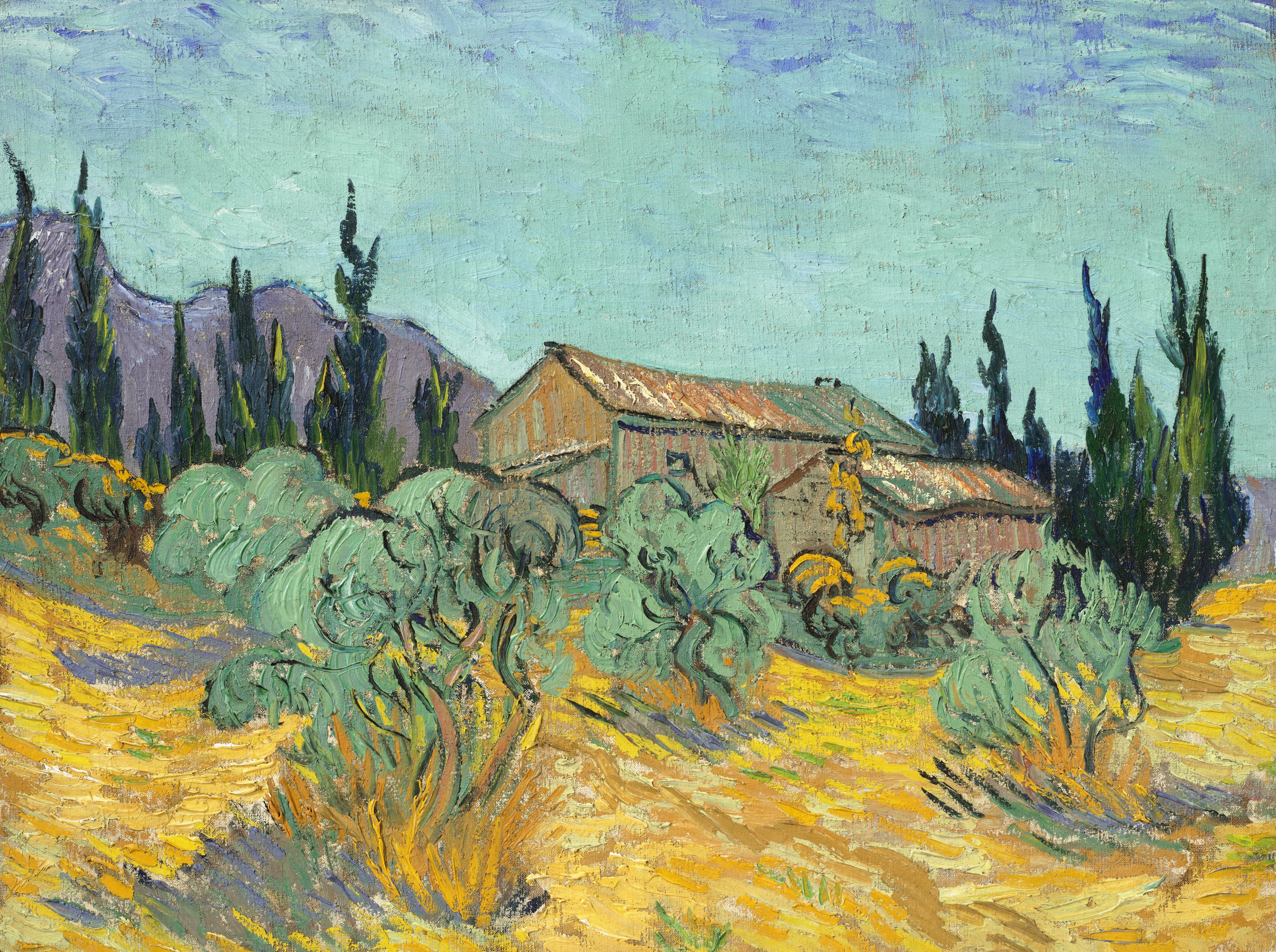 Vincent van Gogh (1853-1890), Cabanes de bois parmi les oliviers et cypr&egrave;s, October 1889. Oil on canvas. 17⅞ x 23&frac34;  in (45.5 x 60.3  cm). Sold for $71,350,000 on 11 November 2021 at Christie&rsquo;s in New York