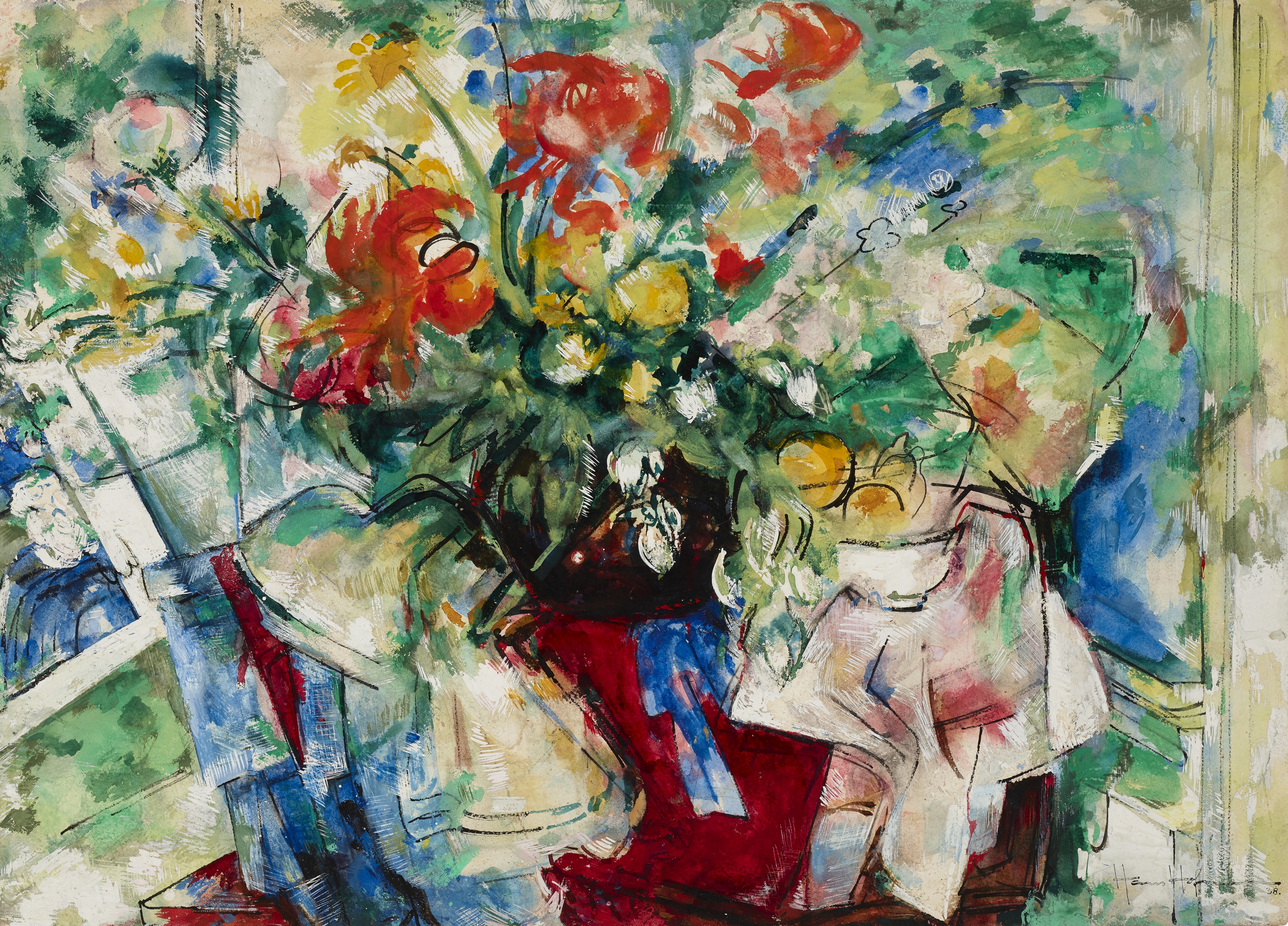 Hans Hofmann (1880-1966), Bouquet, 1938. Watercolor, ink and gouache on paper.  22&frac34; x 31⅜ in (57.8 x 79.7 cm). Estimate: $30,000-50,000. Offered in Fields of Vision: The Private Collection of Artists Wolf Kahn and Emily Mason on 18 May at Christie&rsquo;s in New York