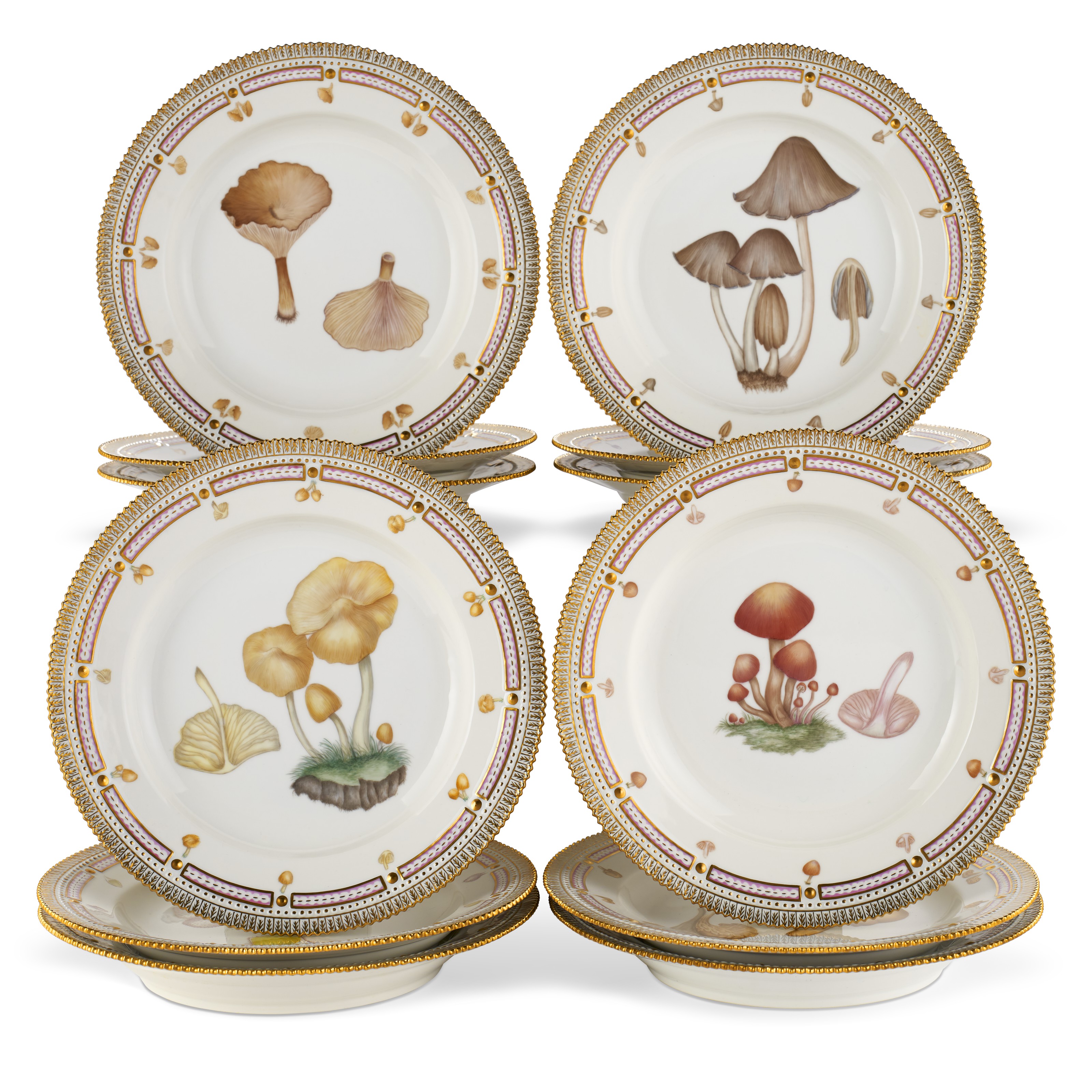 A GROUP OF TWELVE ROYAL COPENHAGEN PORCELAIN MUSHROOM PLATES, LATE 20TH
