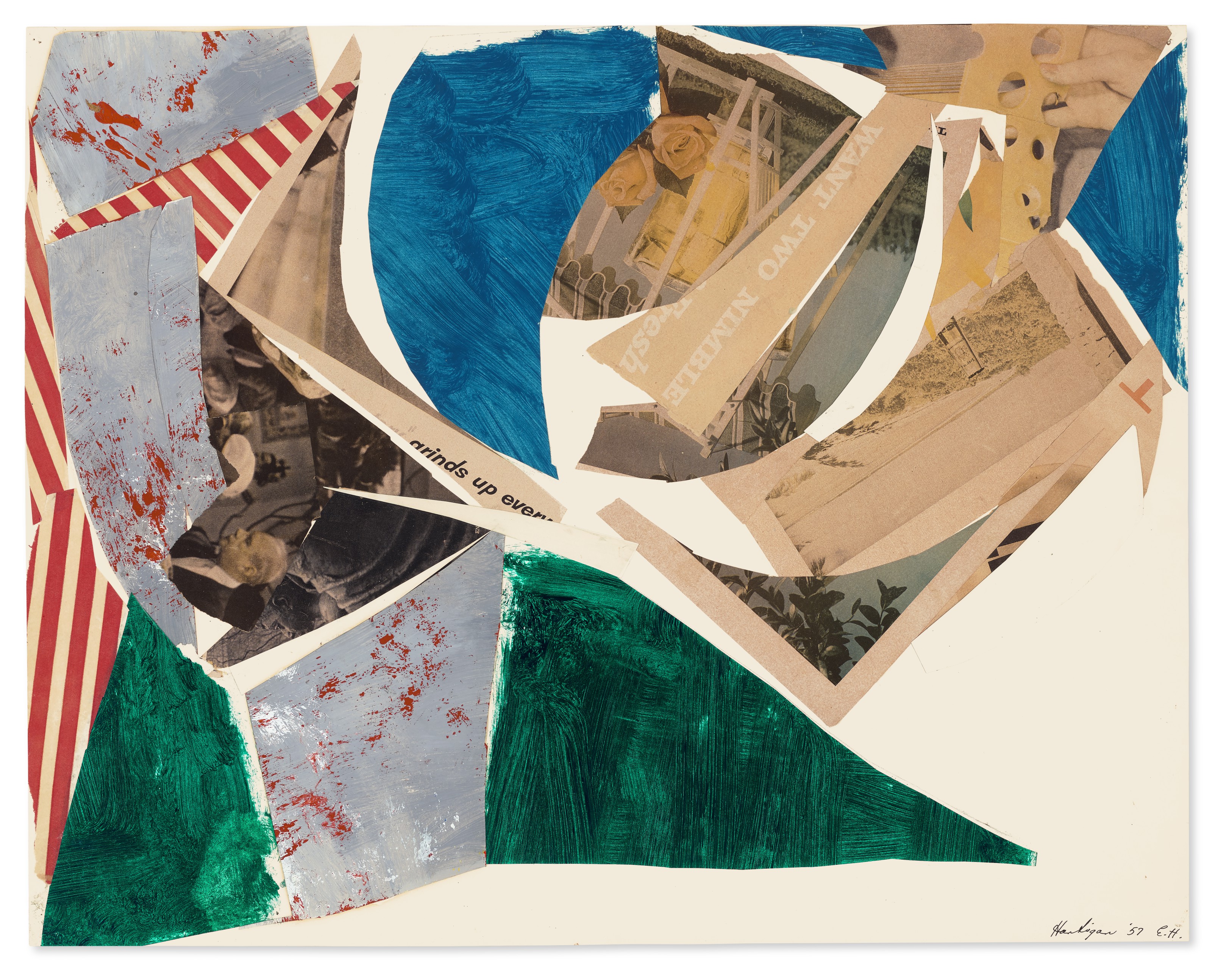 Grace Hartigan (1922-2008), Study for Montauk Highway II, 1957. Oil, paper collage and printed paper collage on paper. 22&frac12; x 28&frac12; in (57.1 x 72.4 cm). Price on request. Offered in Grace Hartigan: No Rules&nbsp;on 17 July-8 August 2021 at Christie&rsquo;s Southampton