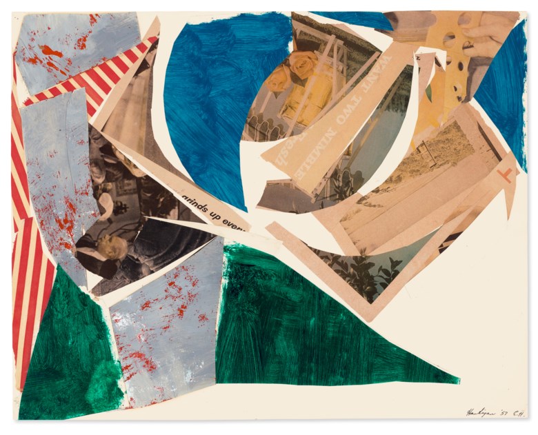 Grace Hartigan (1922-2008), Study for Montauk Highway II, 1957. Oil, paper collage and printed paper collage on paper. 22½ x 28½ in (57.1 x 72.4 cm). Price on request. Offered in Grace Hartigan No Rules on 17 July-8 August 2021 at Christie’s Southampton