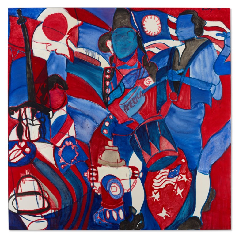 Grace Hartigan (1922-2008), America’s Bicentennial, 1976. Oil on canvas. 80 x 80 in (203.2 x 203.2 cm). Price on request. Offered in Grace Hartigan No Rules on 17 July-8 August 2021 at Christie’s Southampton
