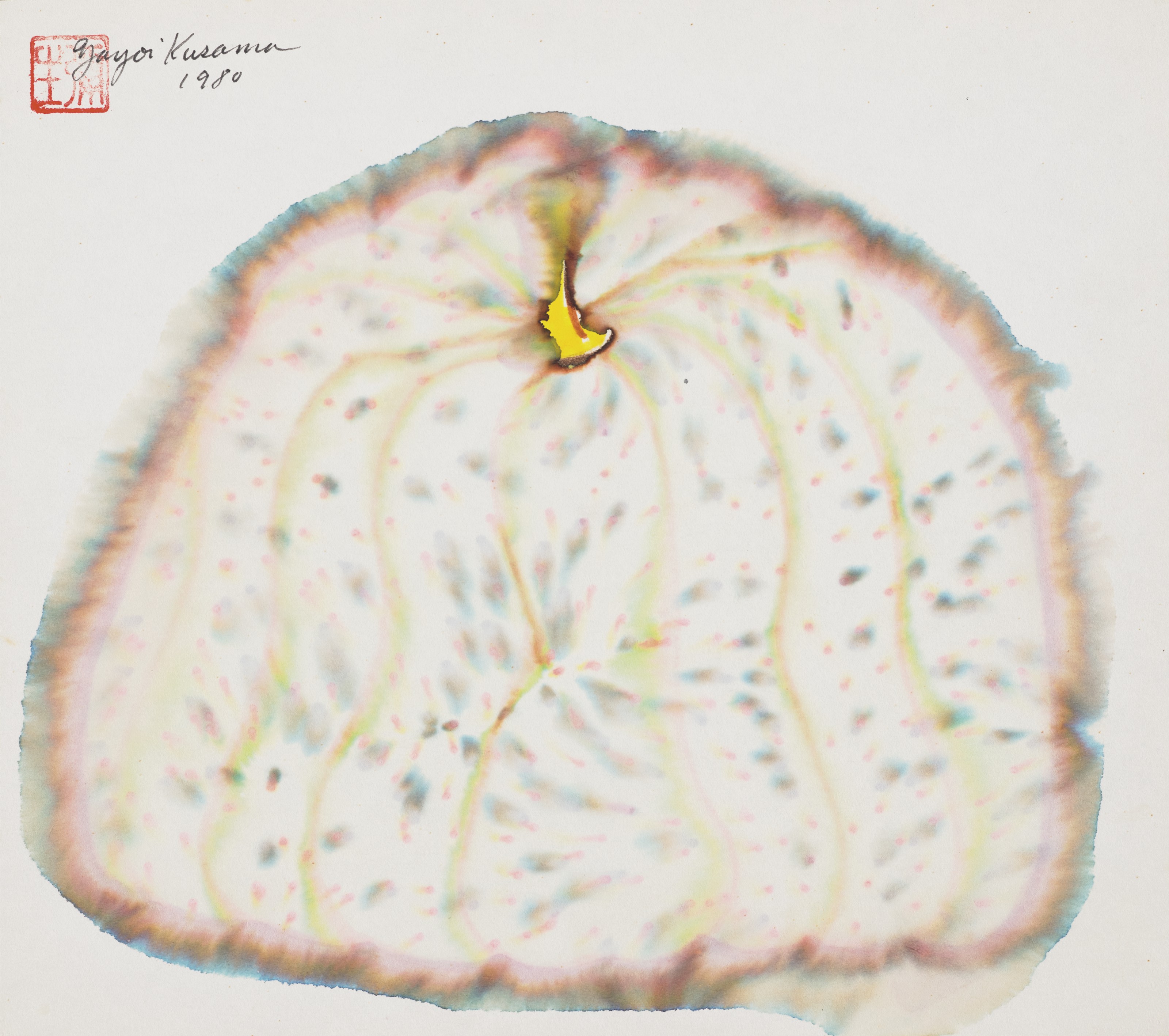 Yayoi Kusama (b.1929), Pumpkin, 1980. Watercolour on cardboard. 9.5/7 x 10¾  in (24.3 x 27.3  cm). Estimate: €30,000-50,000. Offered in Women in Art on 16 June 2021 at Christie’s in Paris