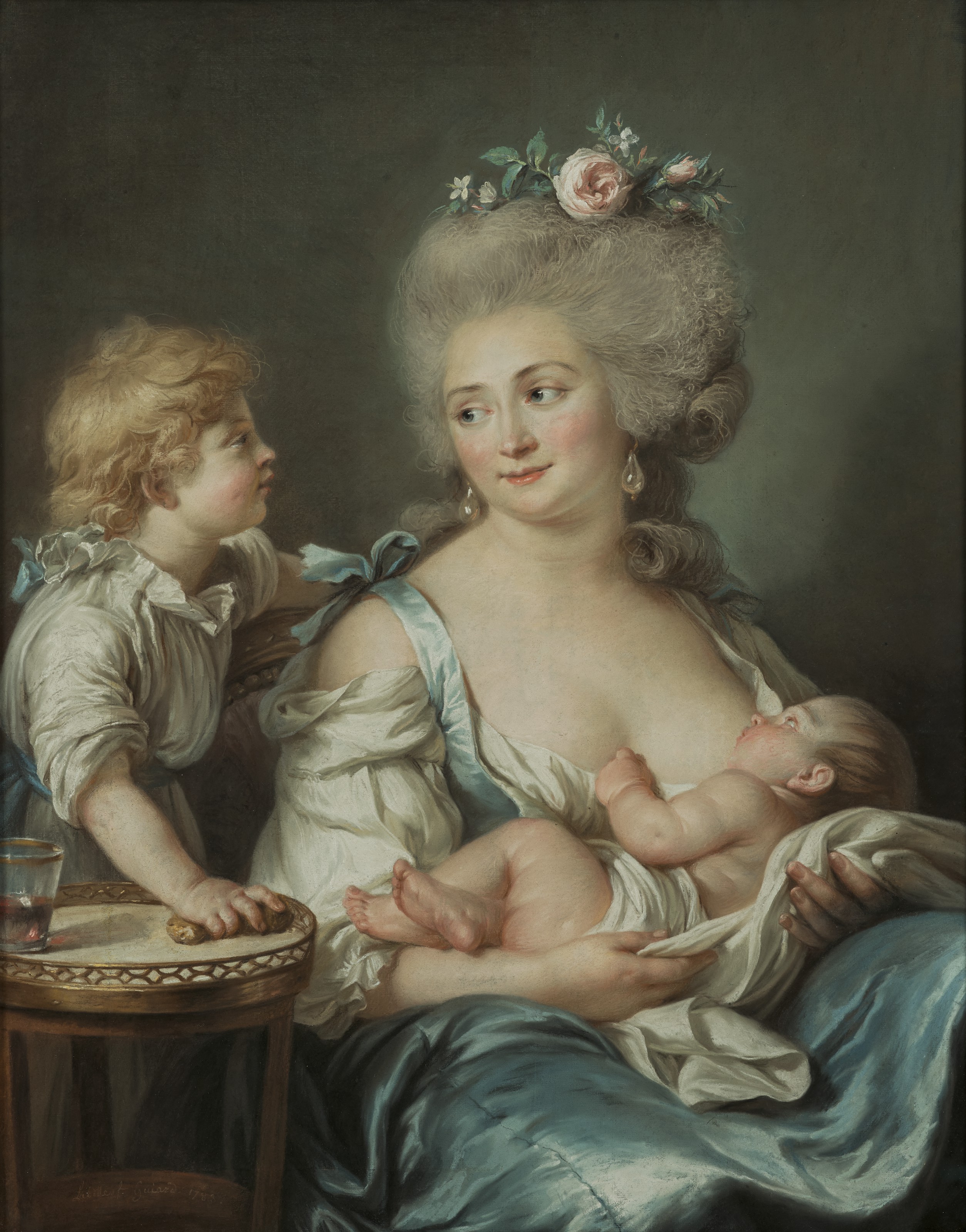 Adélaïde Labille-Guiard (1749–1803), Madame Charles Mitoire, née Christine-Geneviève Bron (1760–1842), avec ses enfants, allaitant l’un d’eux, 1783. Pastel on paper laid down on canvas. 36¼ x 25½  in (92 x 72.5  cm). Estimate: €100,000-150,000. Offered in Women in Art on 16 June 2021 at Christie’s in Paris