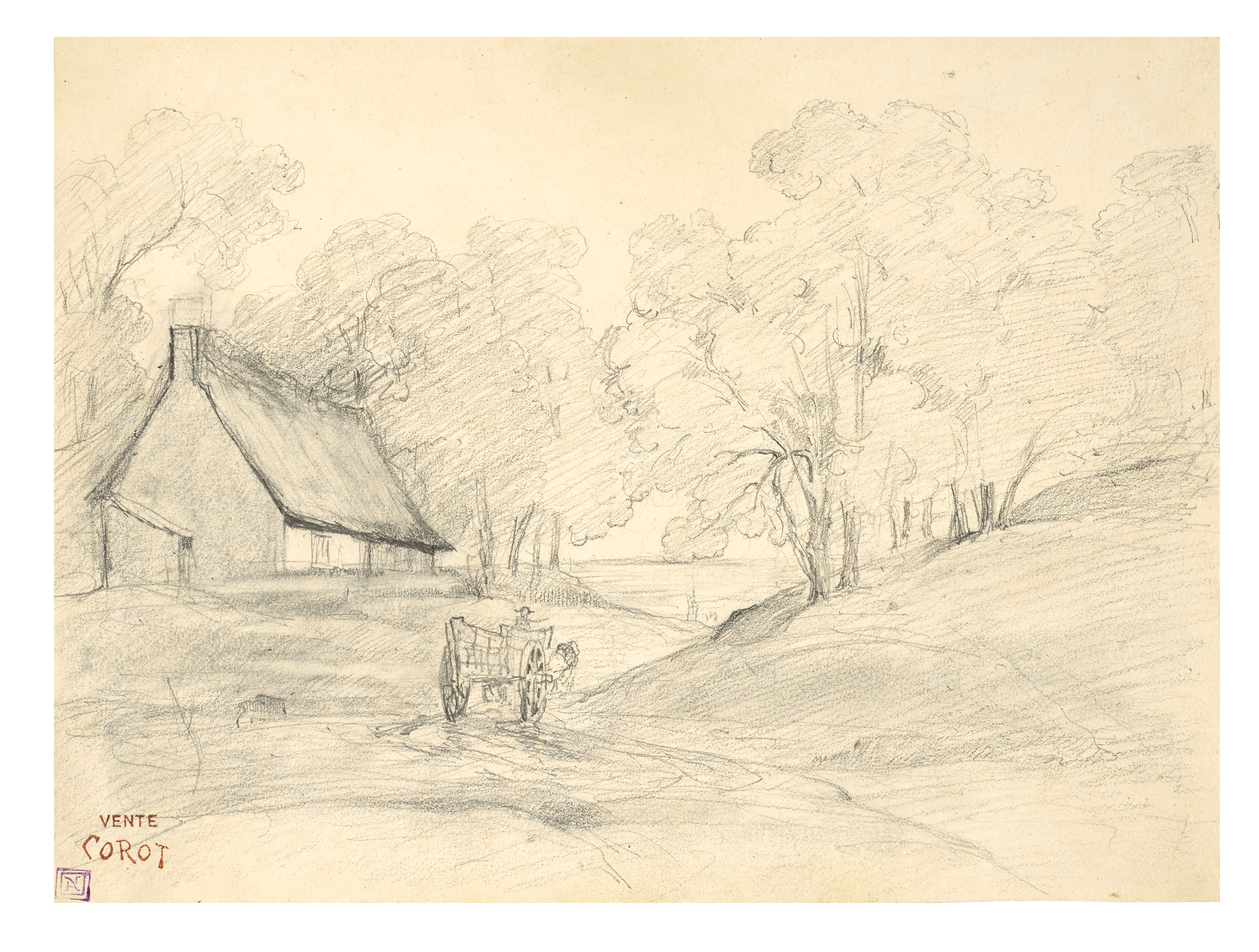 Chaumière dans un paysage arboré avec un homme dans une charrette