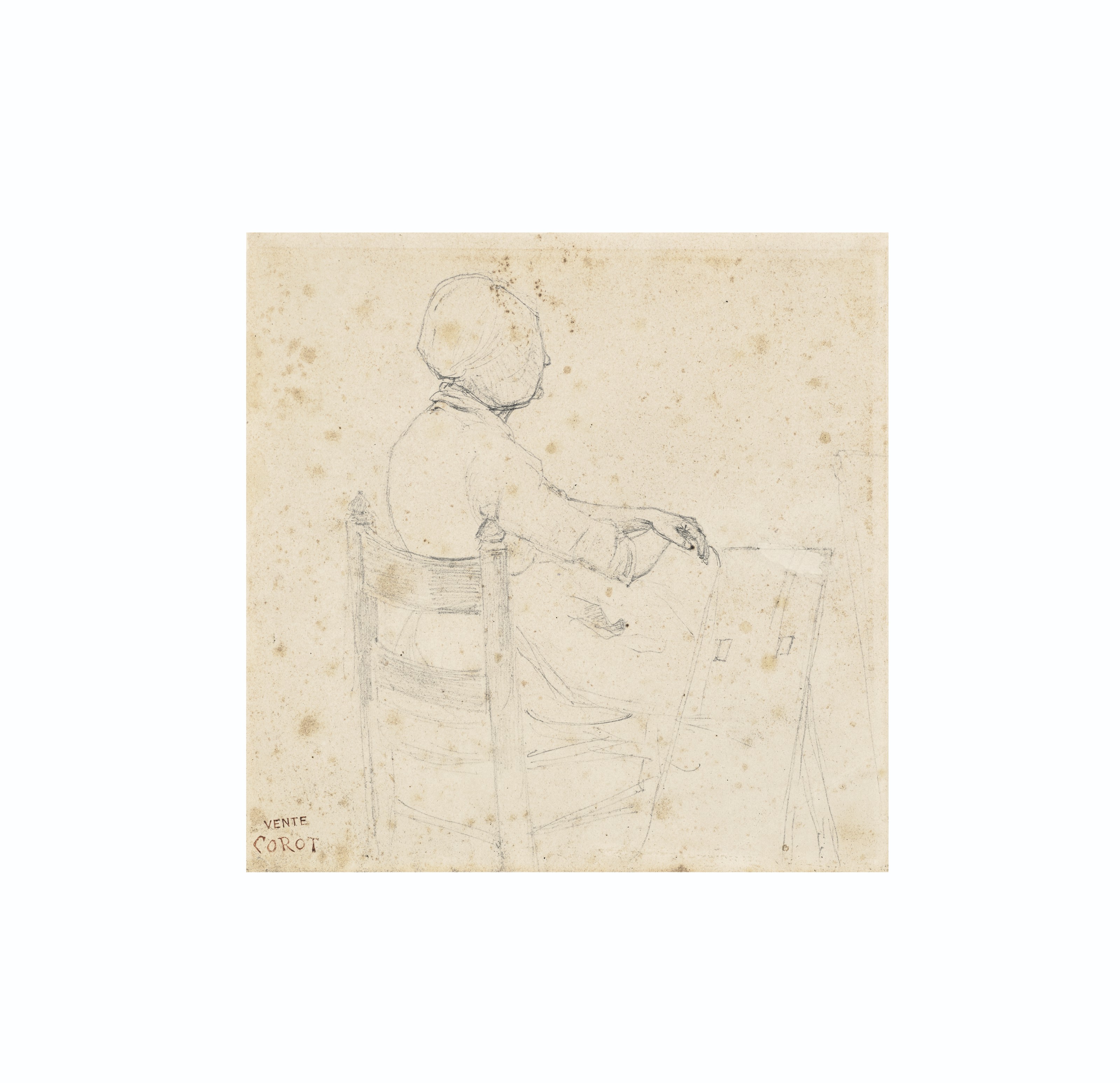 Femme assise au béret, vue de dos