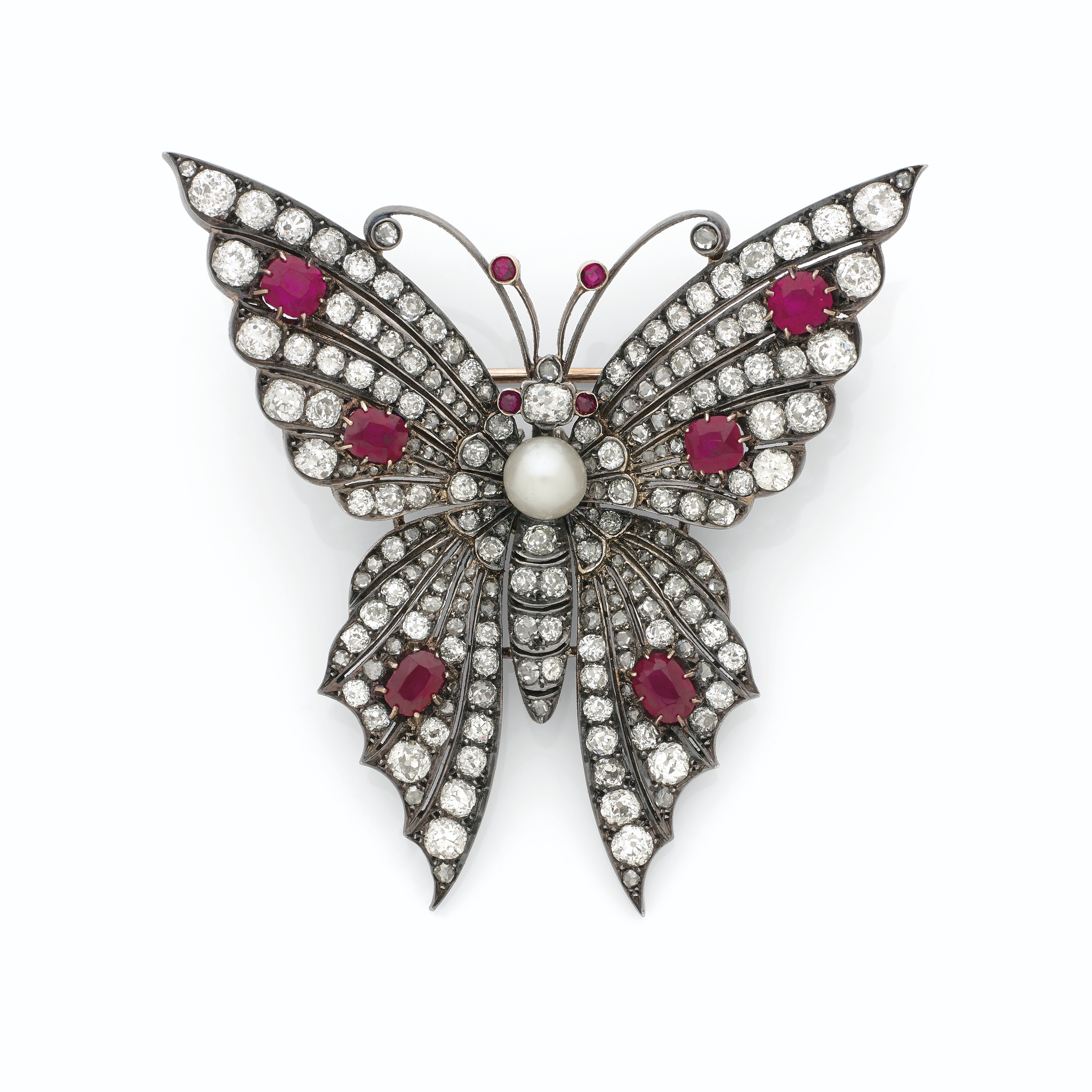 Broche Papillon Ancienne Fin XIXème Saphiret Et Grenat - Métal Doré - Belle Pièce Vintage Nettoyée