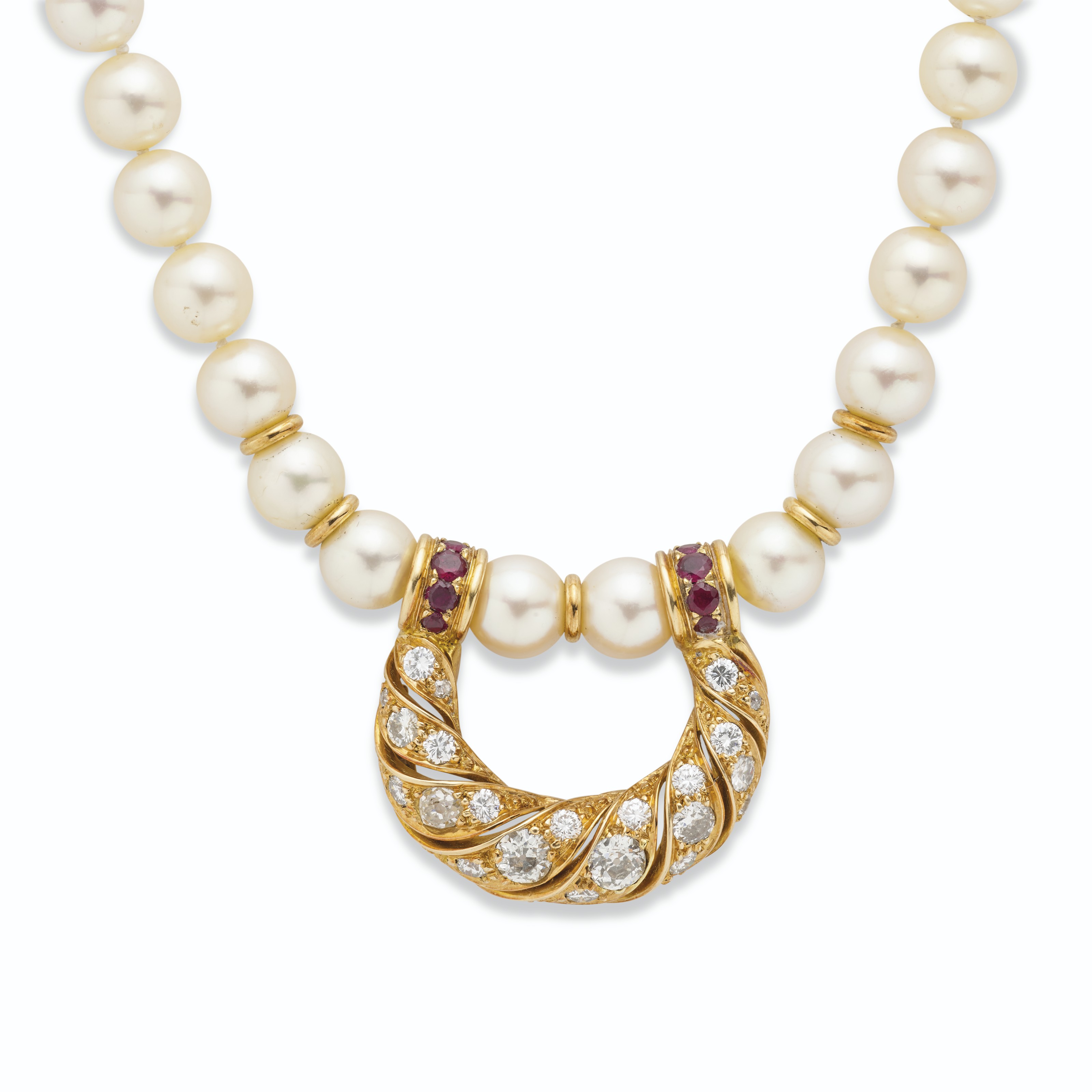 Cultured pearl, ruby and diamond necklace by Ren&eacute; Boivin. Cultured pearls: round cultured pearls of approximately 9.1 x 8.6  mm. Size/dimensions: 85.0 x 0.7  cm. Estimate: &euro;5,000-7,000. Offered in&nbsp;Joaillerie Paris until 14 December 2021 at Christie&rsquo;s Online