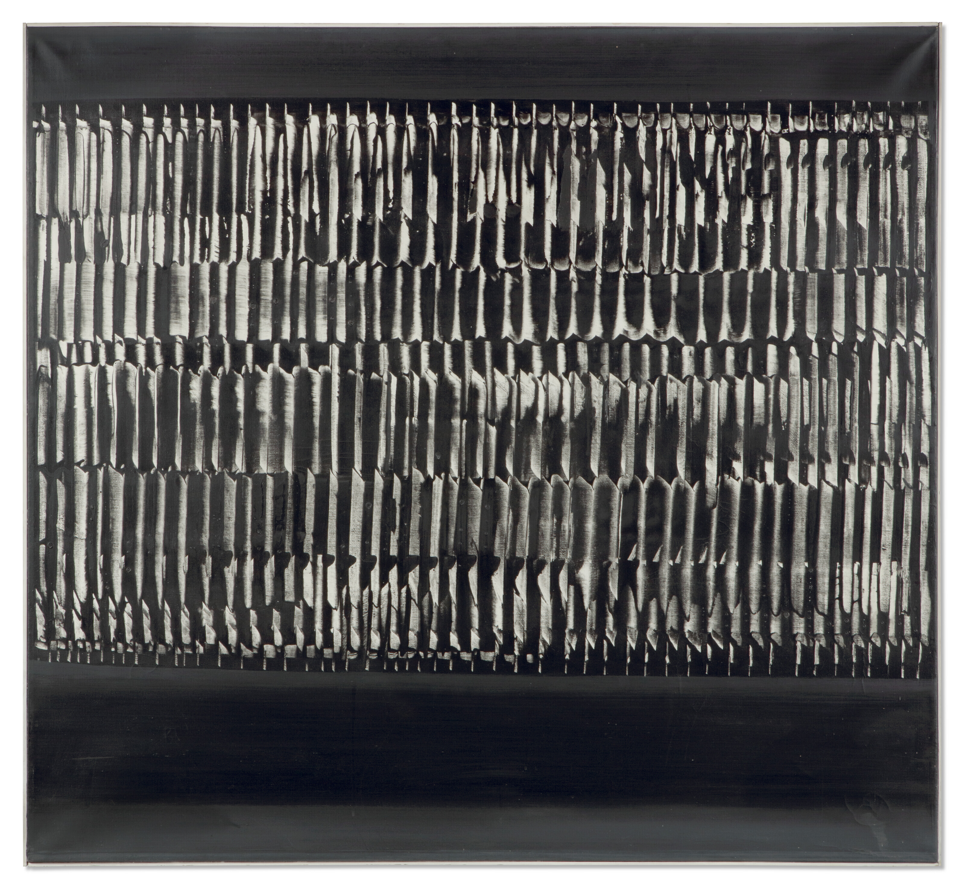 Heinz Mack (b. 1931), Dynamische Struktur Schwarz, 1960. Oil on canvas, in artist&rsquo;s frame. Overall: 111 x 121.5 cm