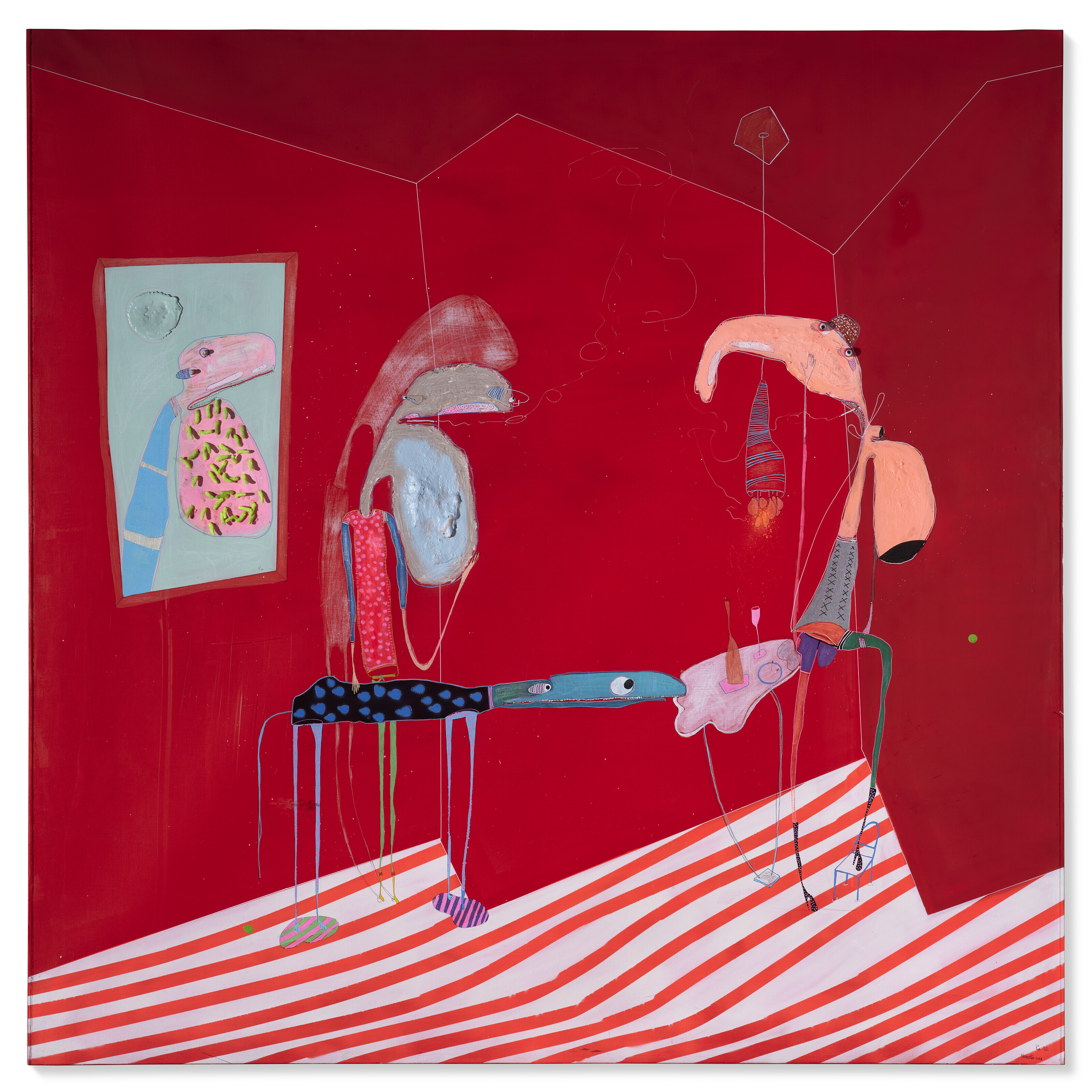 Rafa Macarr&oacute;n (b. 1981), Primera cita (First Date), 2012. Oil, sand, pipe cleaners and mixed media on canvas. 76&frac34; x 76&frac34; in (195 x 195 cm). Sold for &pound;81,900 on 2 March 2022 at Christie&rsquo;s in London