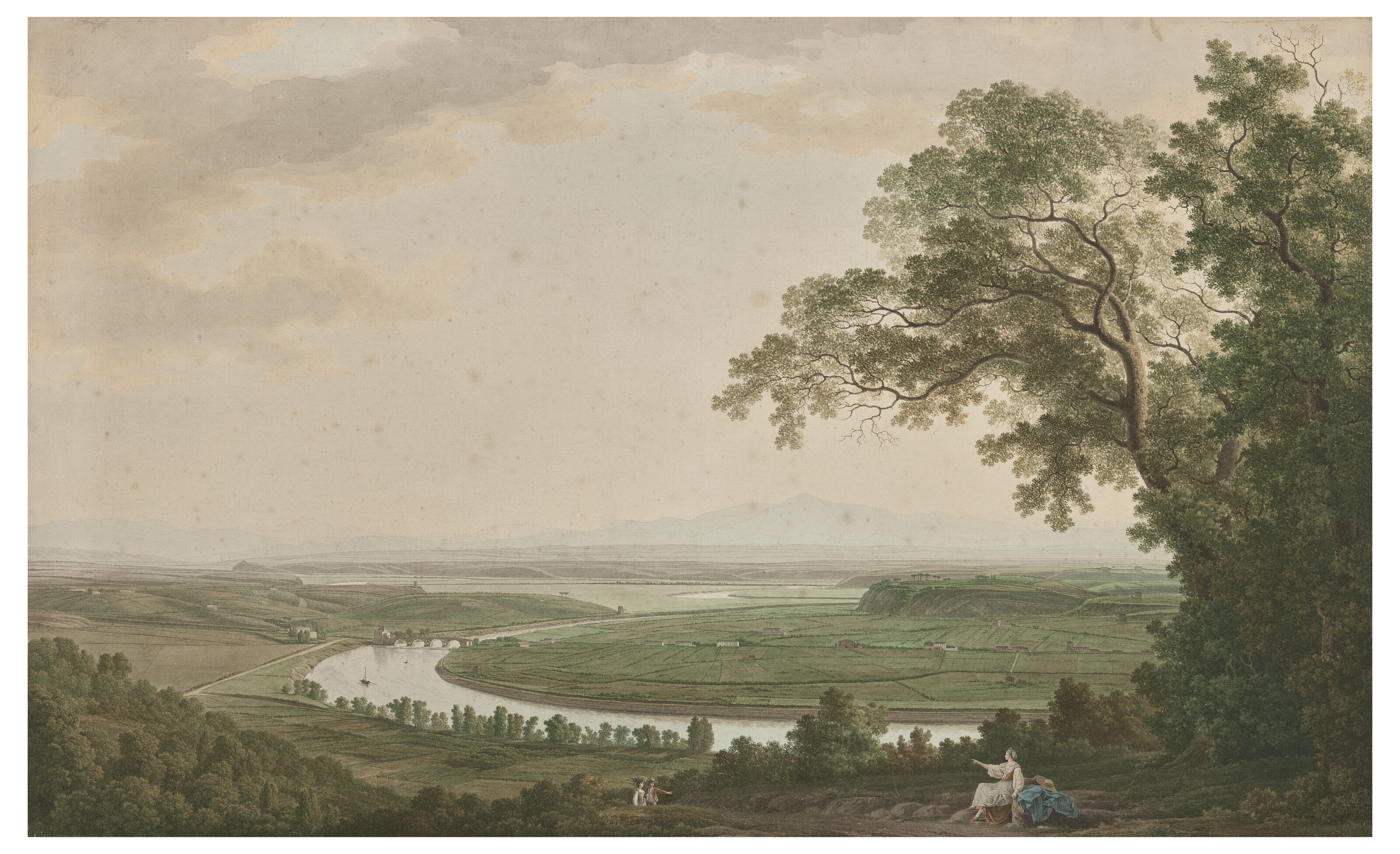 Giovanni Battista Lusieri (1754-1821), A view of the Tiber Valley towards the North from Monte Mario, circa 1778/9. Graphite, pen and black ink, watercolour. 58.9 x 96.4 cm (22&frac34; x 37 in). Sold for &pound;113,400&nbsp;on 5 July 2022 at Christie&rsquo;s in London