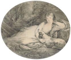A young girl reclining in a woodland glade, with a spaniel