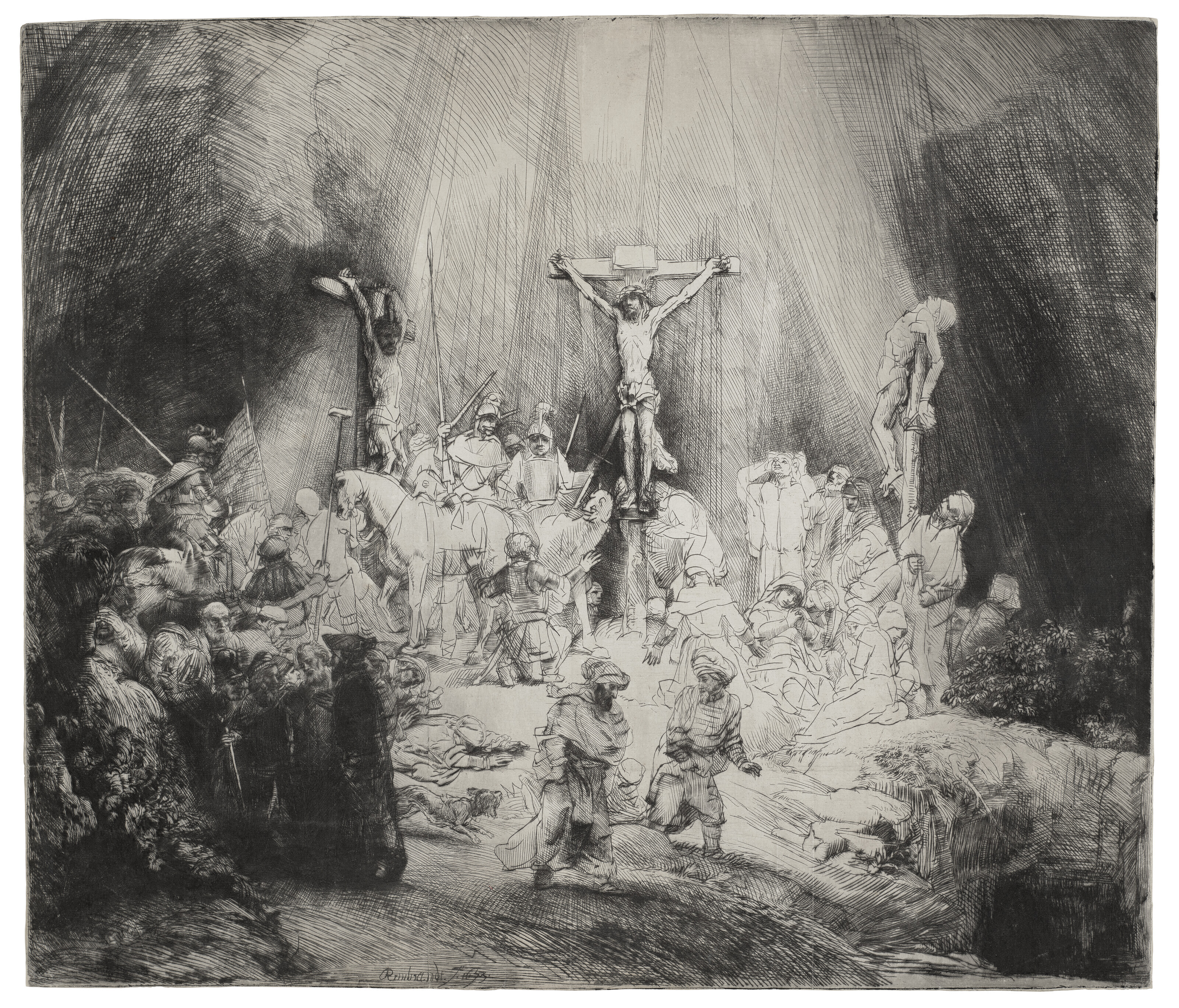 Rembrandt Harmensz. van Rijn (1606-1669), Christ Crucified Between Two Thieves: &lsquo;The Three Crosses&rsquo;, 1653. Drypoint, on laid paper. Plate 386 x 450 mm. Sheet 388 x 453 mm. Estimate: &pound;800,000-1,200,000. Offered in the Old Masters Evening Sale on 7 July 2022 at Christie&rsquo;s in London