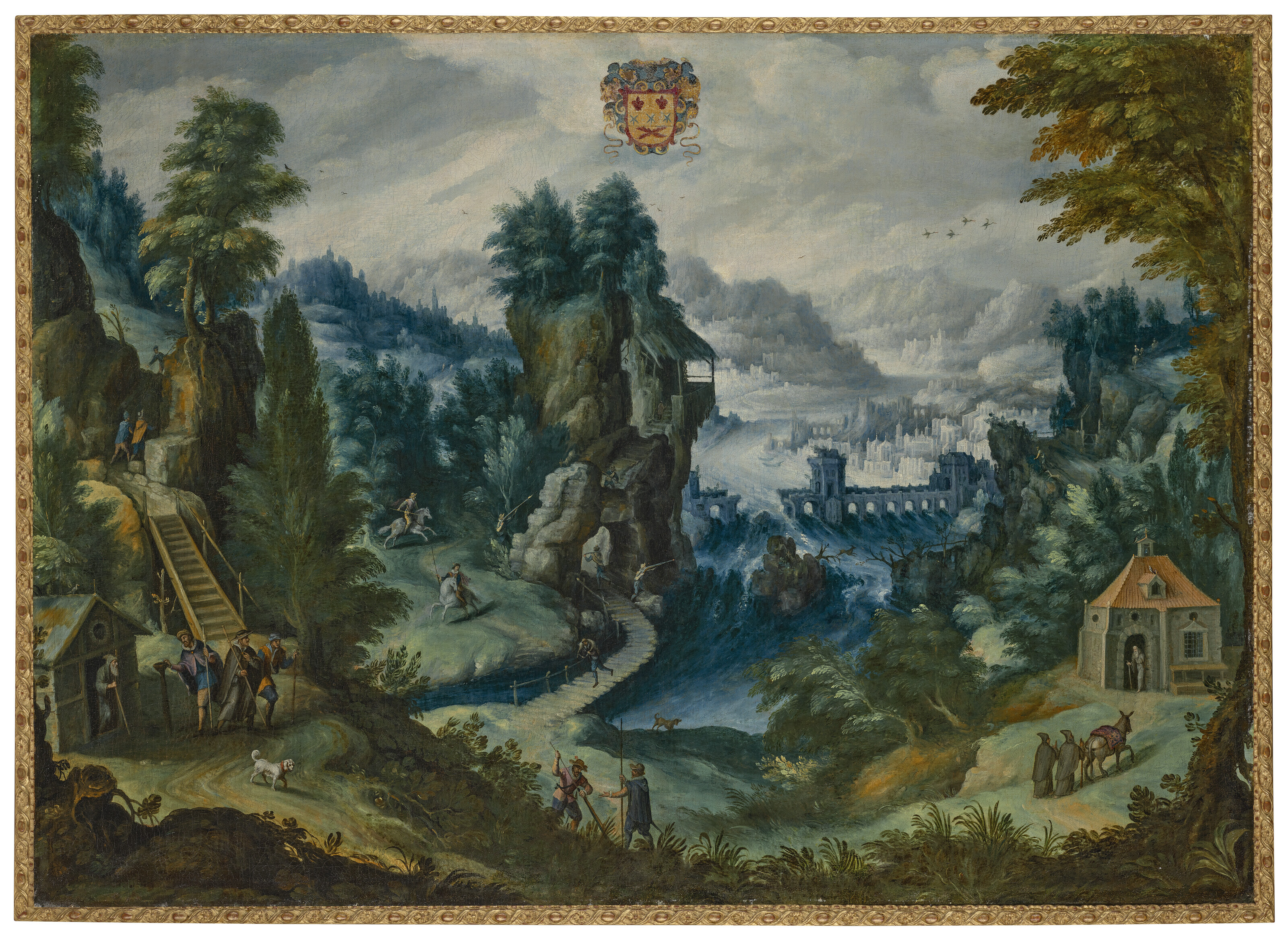 Catalog image of A mountainous landscape with travellers on a road
