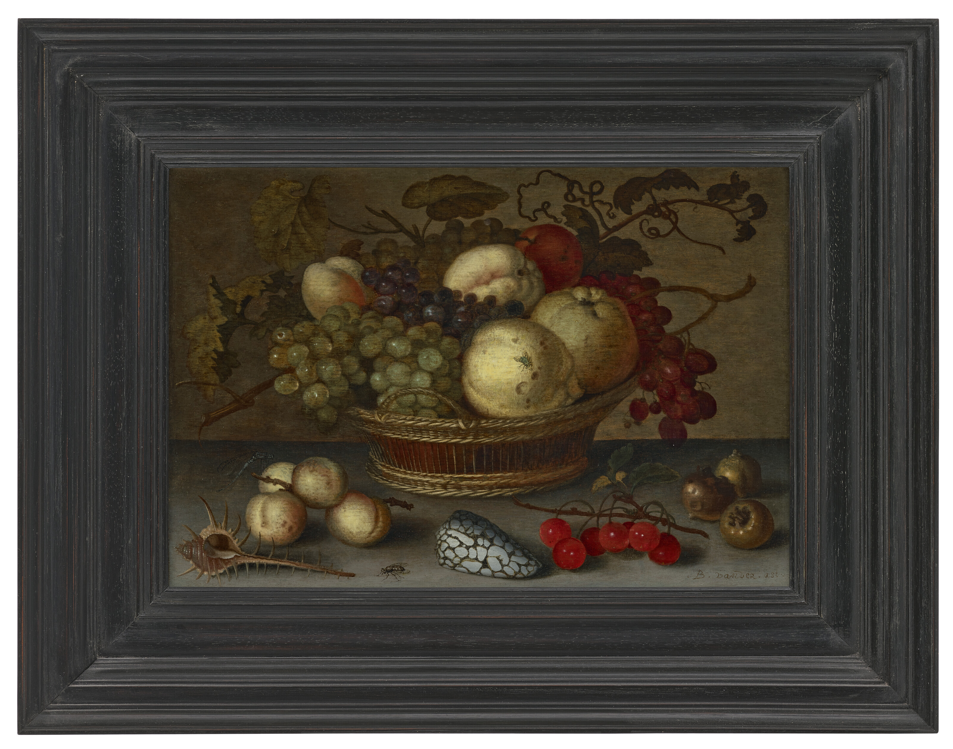 Catalog image of Apples and grapes in a basket, with fruit and shells on a stone ledge