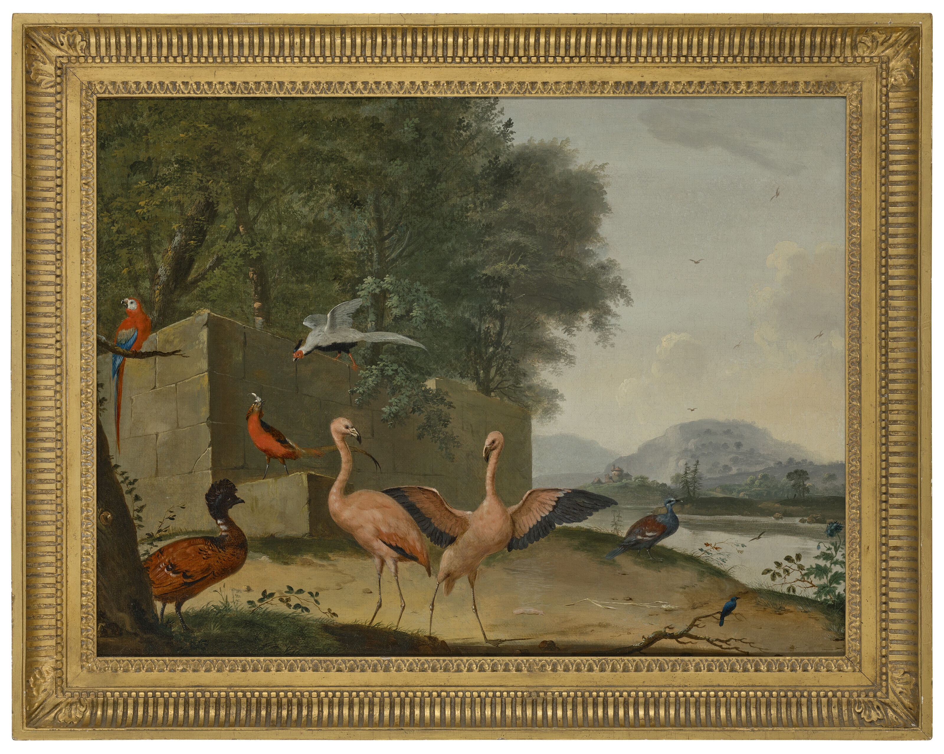 Catalog image of Flamingos and other exotic birds in a river landscape