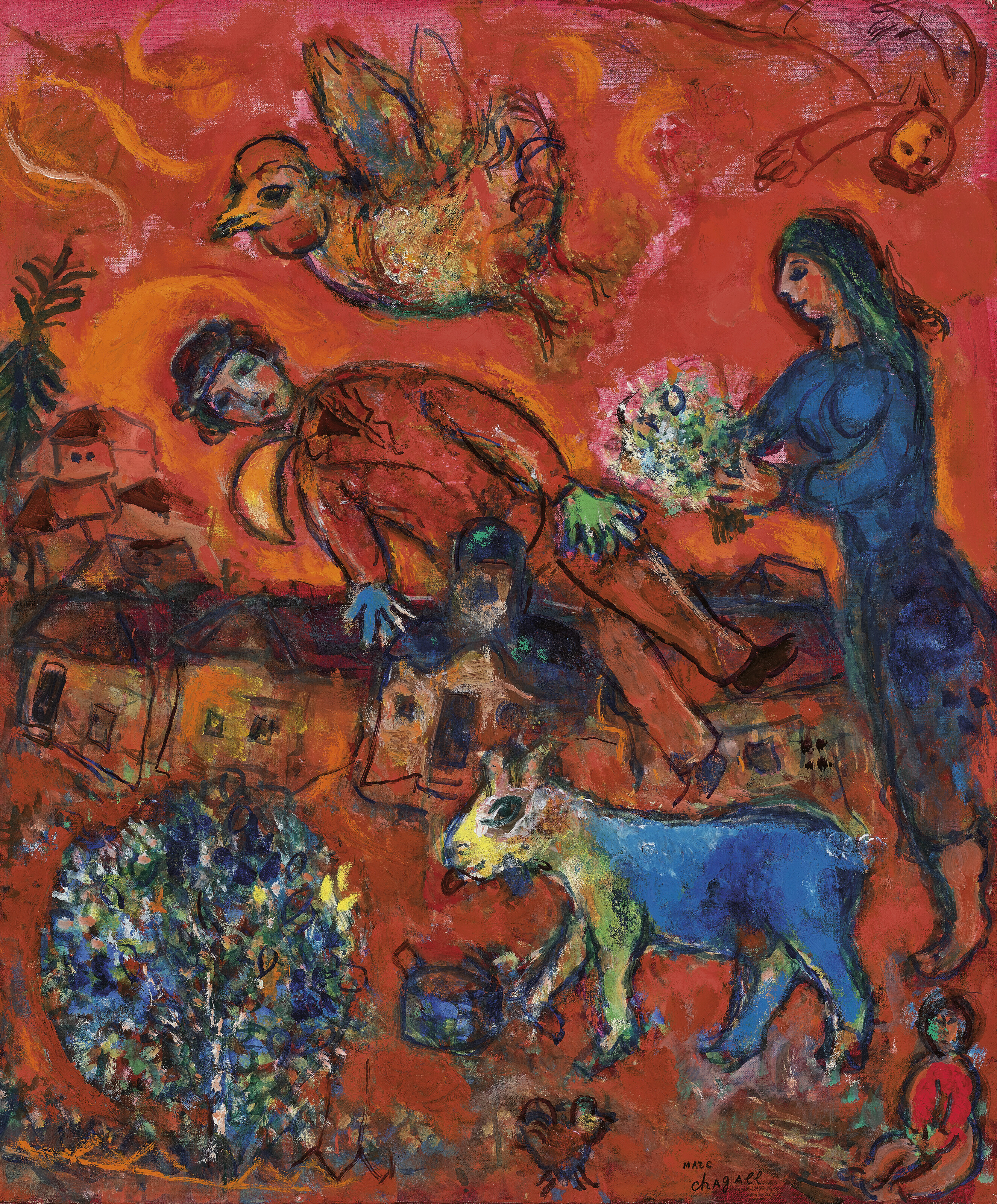 MARC CHAGALL (1887-1985), Les amoureux au village sur fond rouge