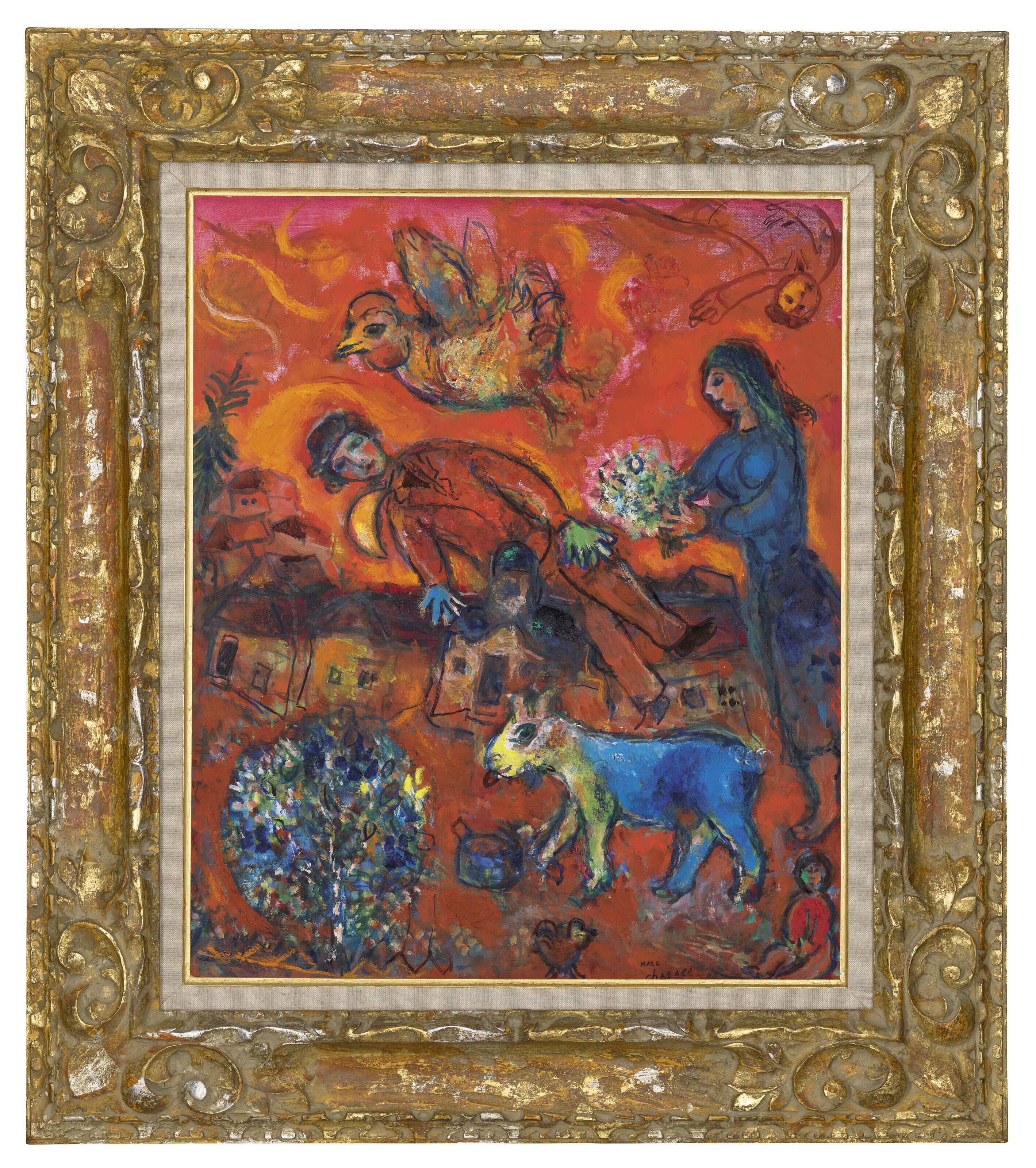 MARC CHAGALL (1887-1985), Les amoureux au village sur fond rouge