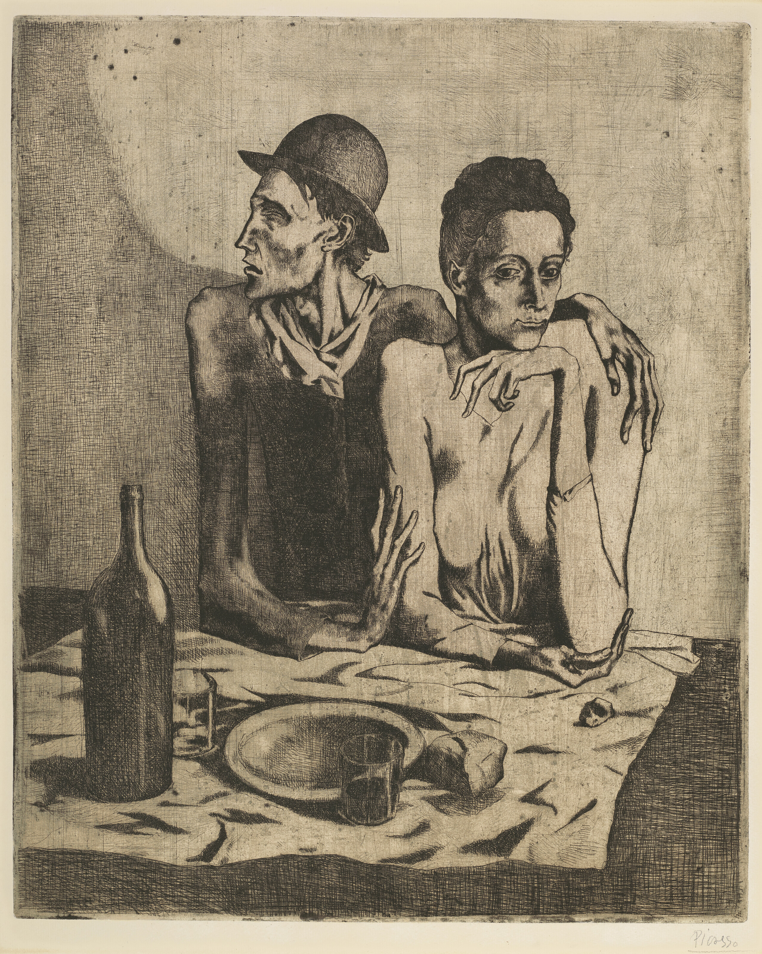 Pablo Picasso (1881-1973), Le repas frugal, 1904. Etching and scraper on laid Arches paper, a fine early impression of Baer&rsquo;s second state before steel-facing. Plate: 463 x 377 mm; sheet: 655 x 495 mm. Printed by Auguste Del&acirc;tre, Paris, circa 1904-05. Sold for &pound;6,014,500 on 1 March 2022 at Christie&rsquo;s in London