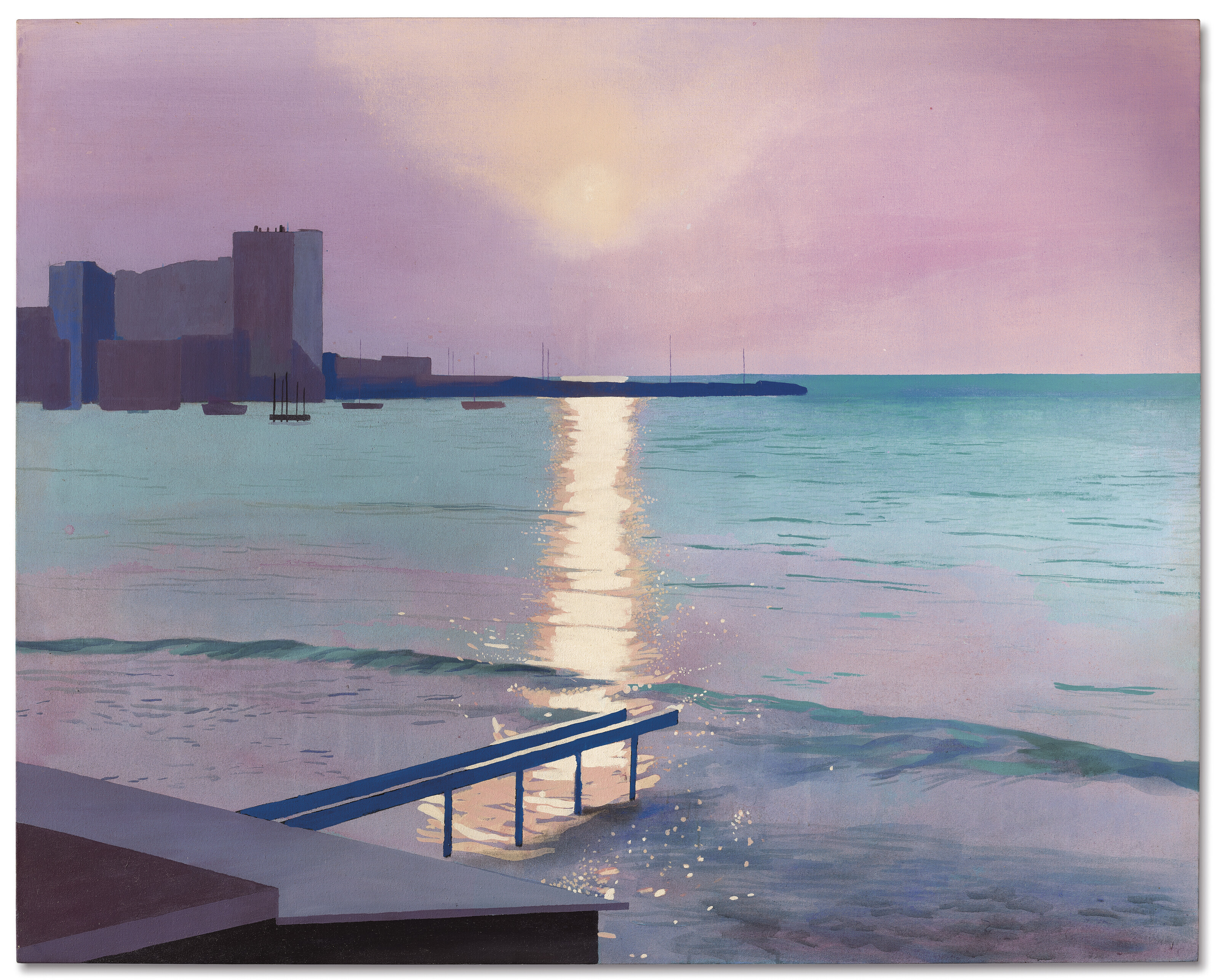 David Hockney (b. 1937), Early Morning, Sainte-Maxime, 1968-69. Acrylic on canvas. 48⅛ x 60⅛ in (122.1 x 152.6 cm). Sold for £20,899,500 on 13 October 2022 at Christie’s in London