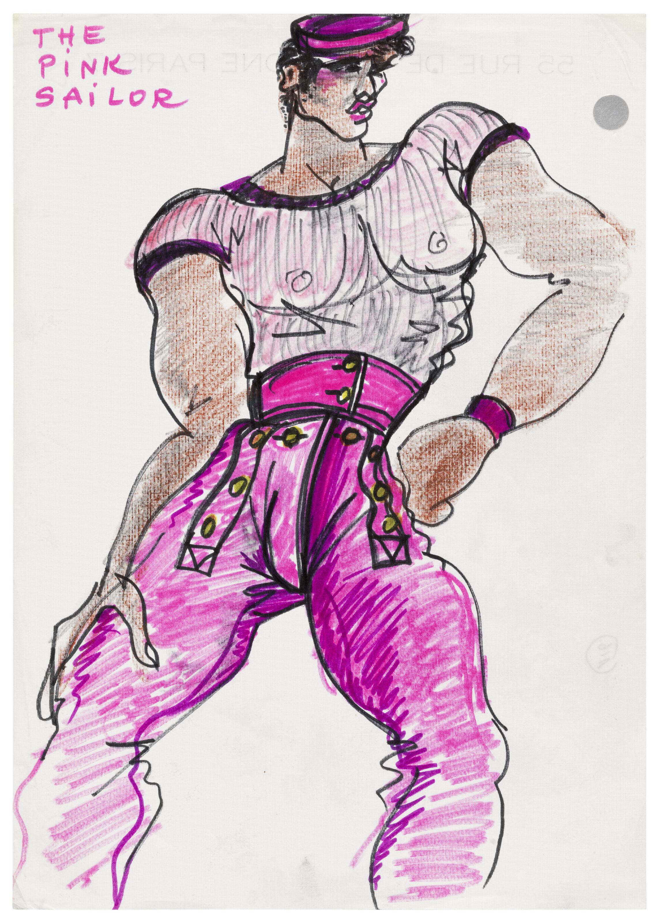 Yves Saint Laurent (1936-2008), The Pink Sailor, circa 1968-72. Coloured felt-tip pen, felt-tip pen, coloured pencil and graphite on paper. 11⅝ x 8&frac14; in (29.6 x 21 cm). Estimate: &pound;4,000-6,000. Offered in First Open: Post-War and Contemporary Art Online