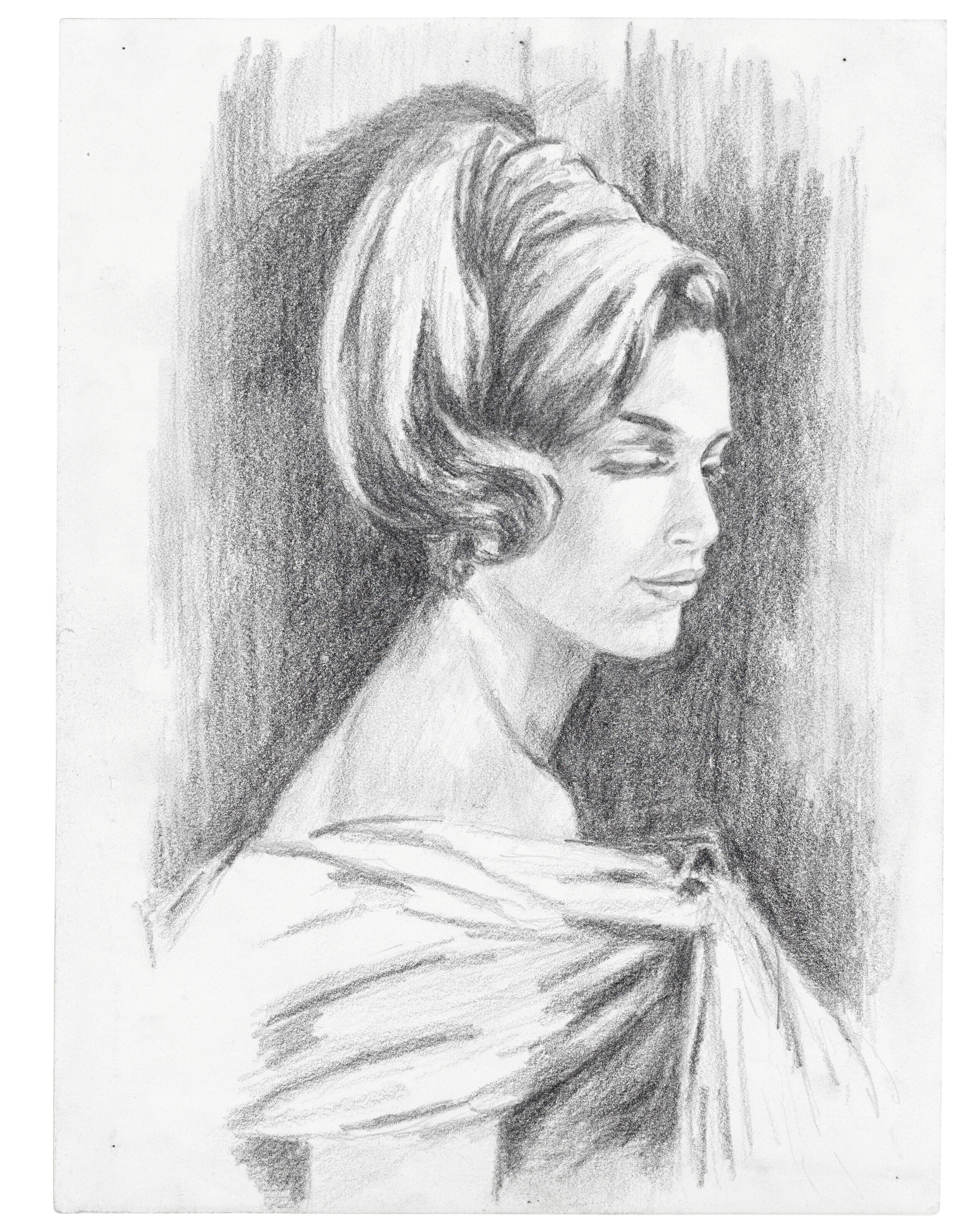 Yves Saint Laurent (1936-2008), Portrait de sa m&egrave;re par YSL, circa 1970-72. Charcoal on paper. 10&frac12; x 7⅞ in (26.8 x 19.9 cm). Estimate: &pound;2,000-3,000. Offered in First Open: Post-War and Contemporary Art Online on 4-18 October 2022 at Christie&rsquo;s Online