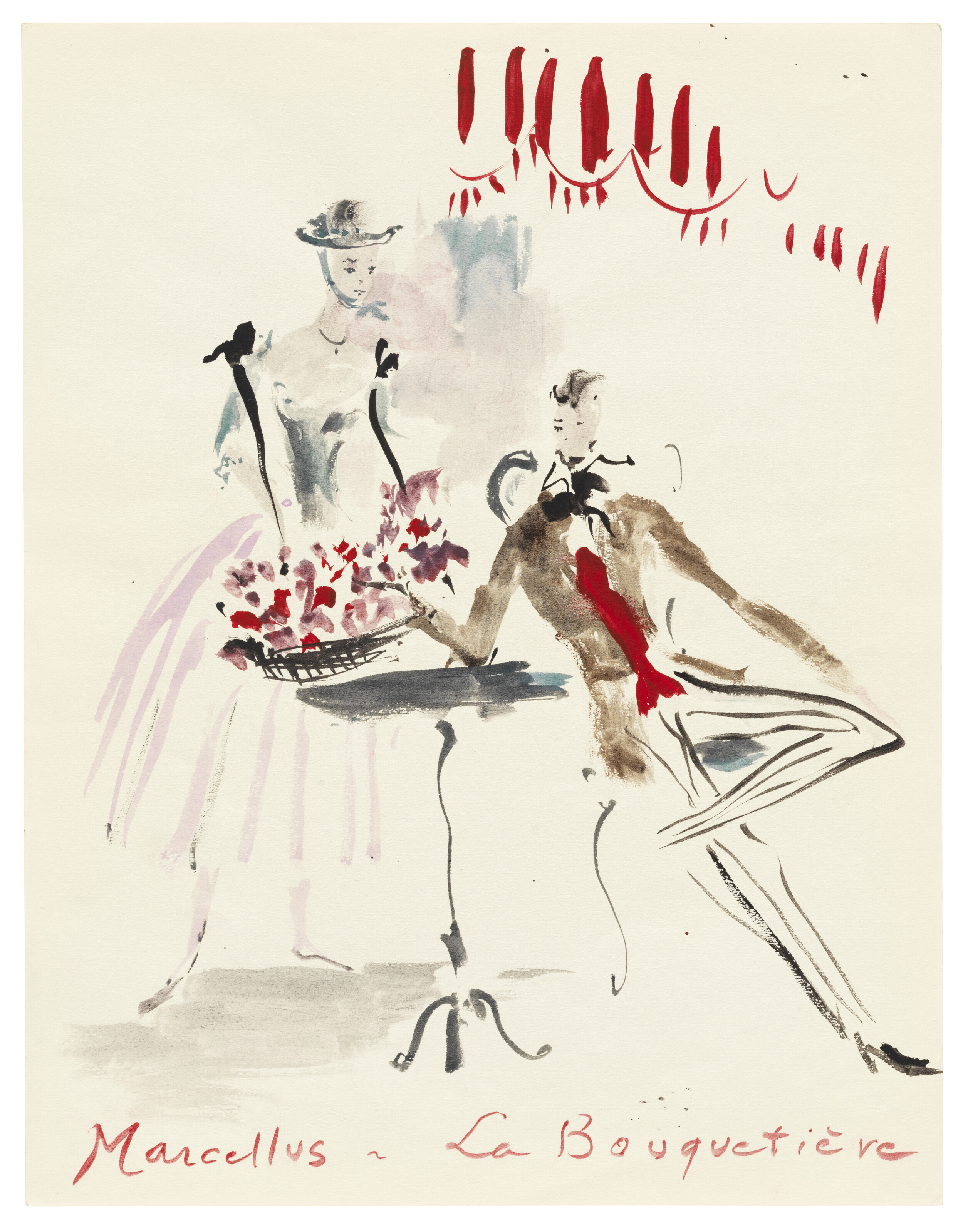 Yves Saint Laurent (1936-2008), Marcellus - La Bouqueti&egrave;re, circa 1952-56. Watercolour and ink on paper. 12⅜ x 9⅝ in (31.5 x 24.5 cm). Estimate: &pound;4,000-6,000. Offered in First Open: Post-War and Contemporary Art Online on 4-18 October 2022 at Christie&rsquo;s Online