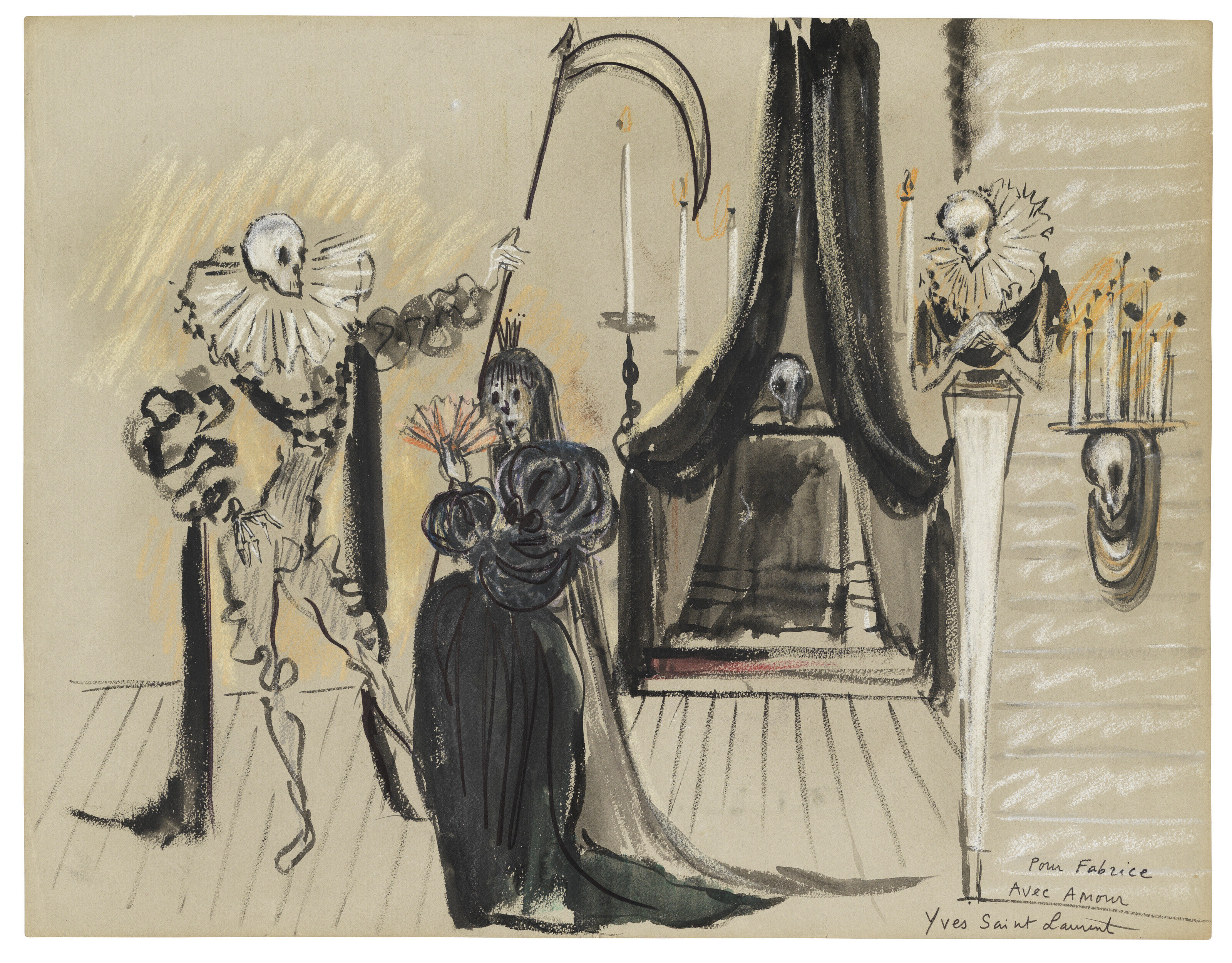 Yves Saint Laurent (1936-2008), Untitled, circa 1952. Gouache, felt-tip pen and pastel on paper. 19&frac34; x 25⅝ in (50.3 x 65 cm). Estimate: &pound;8,000-12,000. Offered in First Open: Post-War and Contemporary Art Online on 4-18 October 2022 at Christie&rsquo;s Online