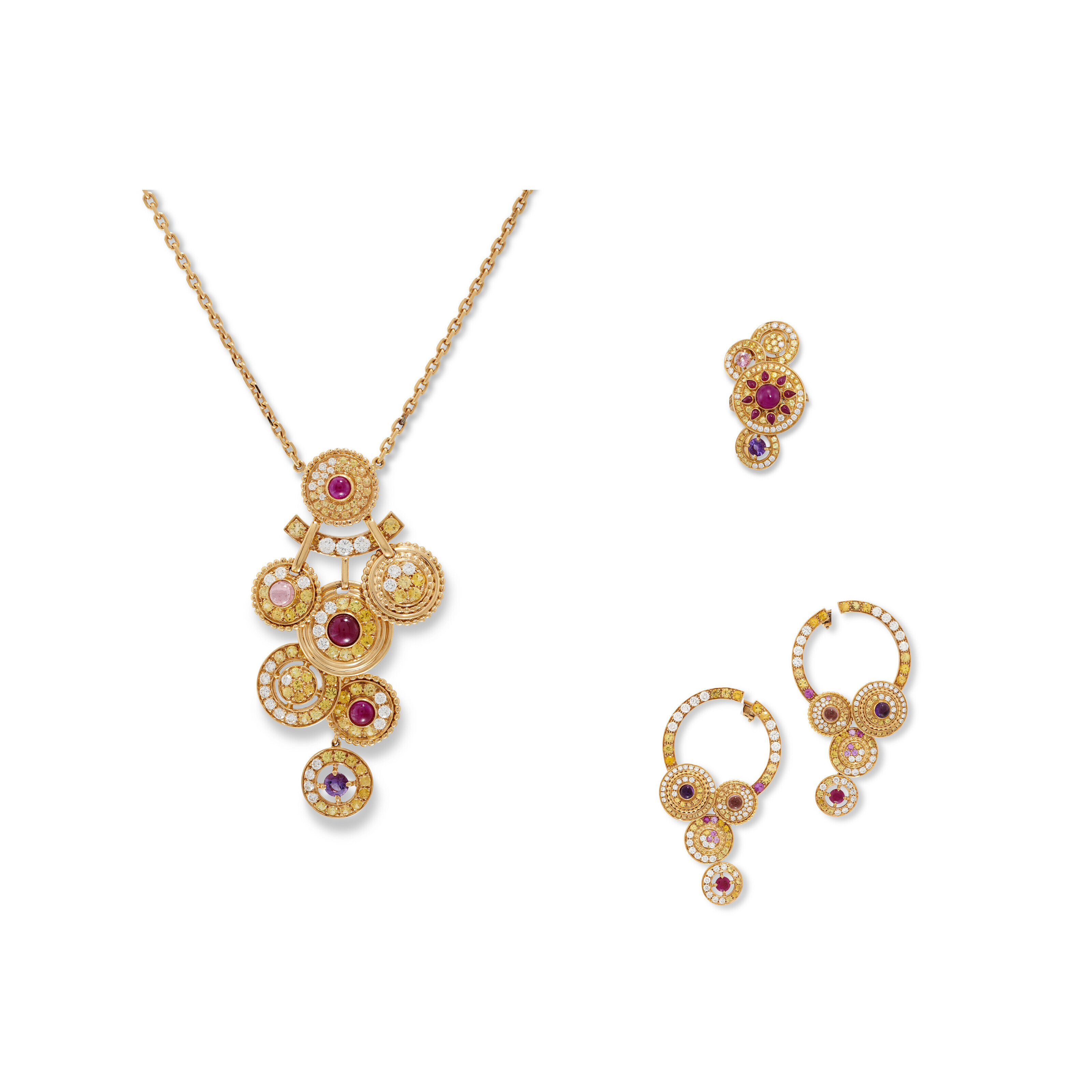 A gem set and diamond &lsquo;Sheherazade&rsquo; necklace, earring and ring suite by Boucheron. Estimate: &pound;20,000-30,000. Offered in Jewels Online: The London Edit, 11-25 November 2022, Christie&rsquo;s Online