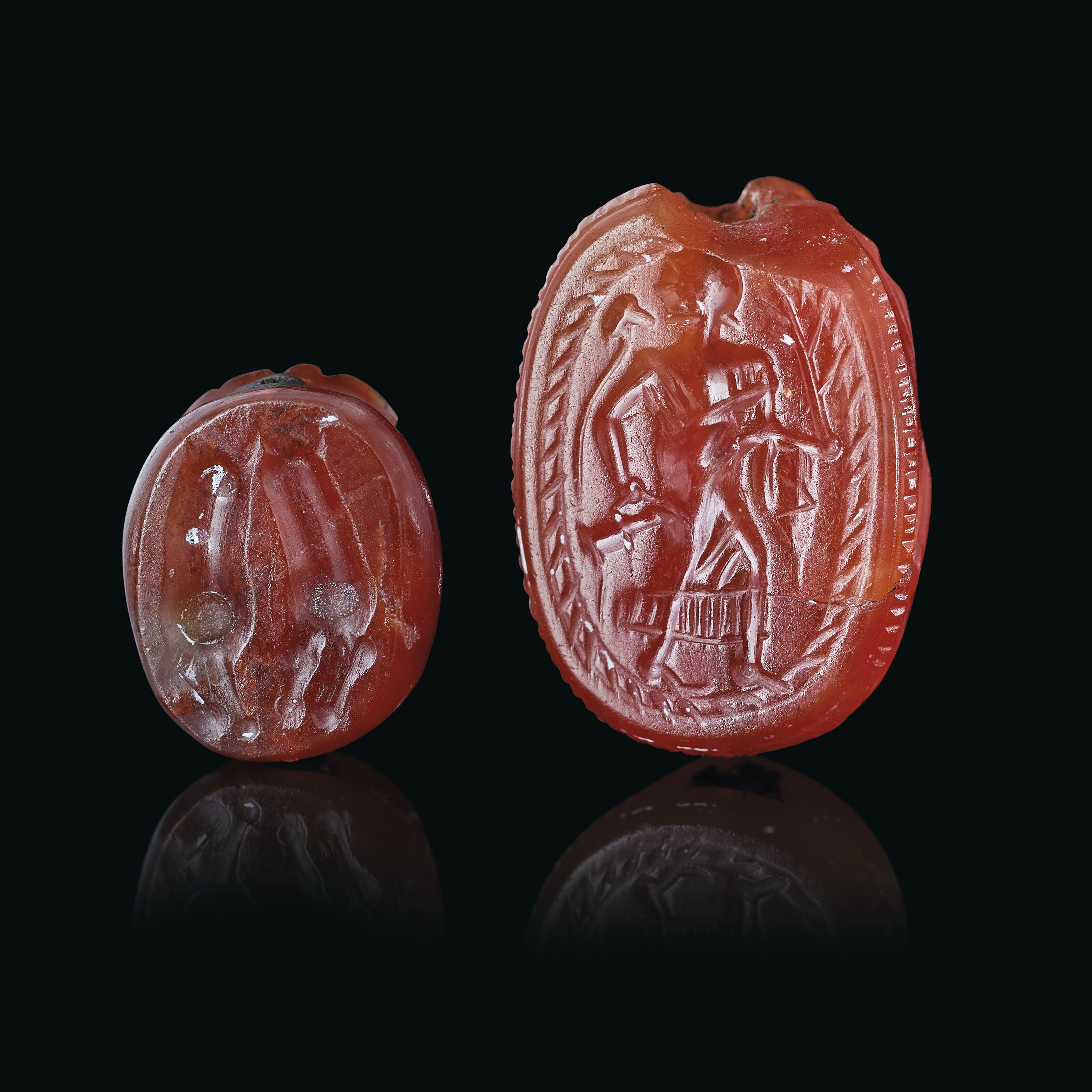 Two Etruscan carnelian scarabs, circa 4th-3rd century BC. ⅝ in (1.6 cm) long, max. Sold for £882 on 7 December 2022 at Christie’s in London