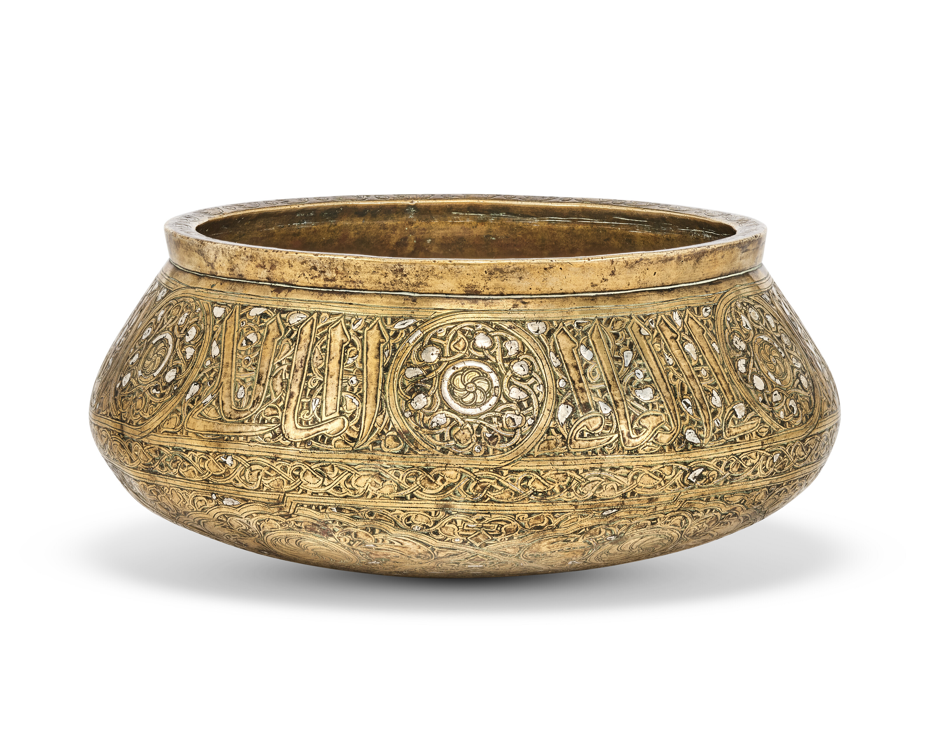 A MAMLUK SILVER-INLAID BRASS BOWL