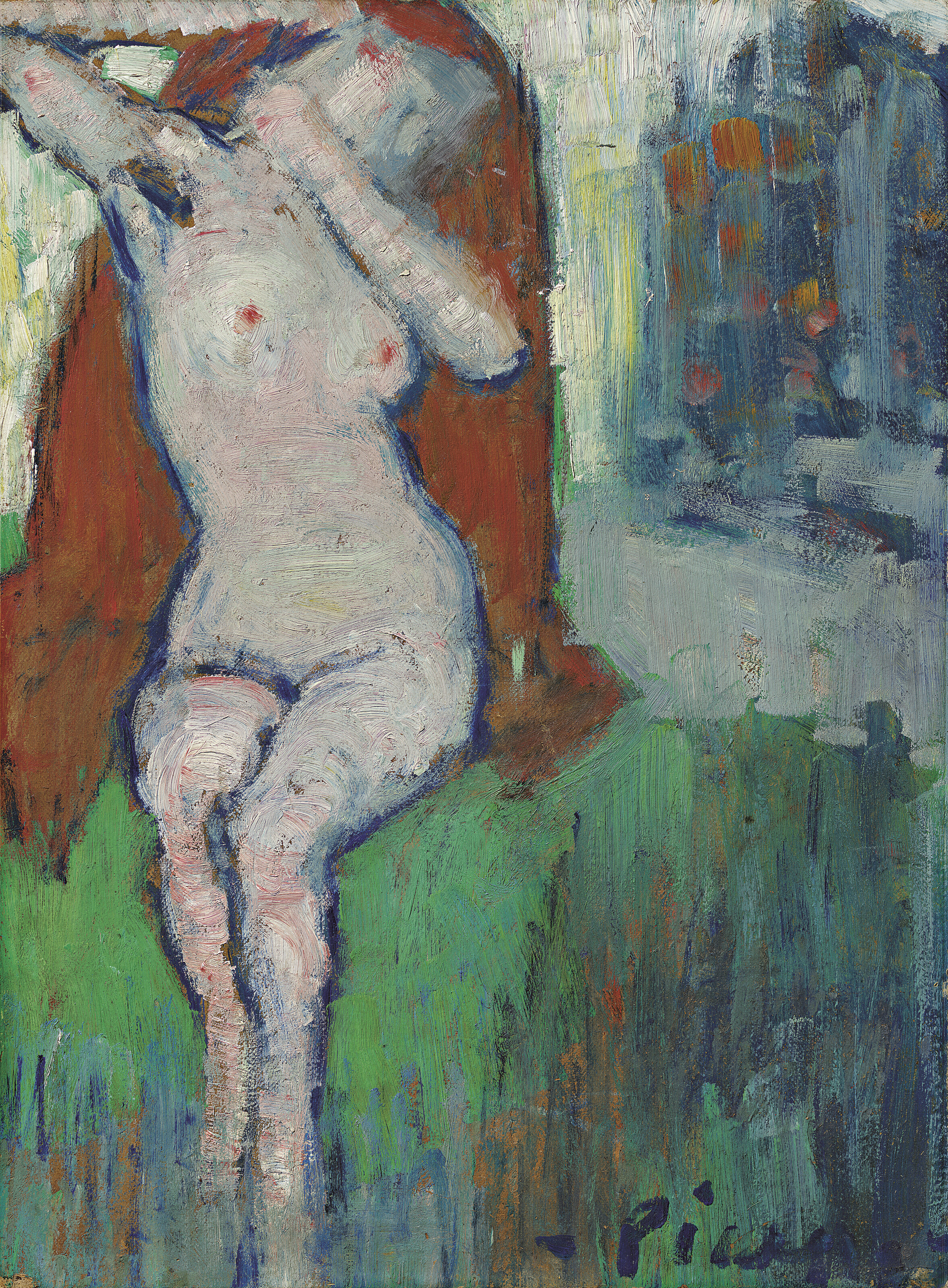 Pablo Picasso (1881-1973), Femme nue assise, 1901. Oil on board laid down on panel. 19&frac12; x 14&frac14; in (49.5 x 36.2 cm). Sold for &pound;882,000 on 29 June 2022 at Christie&rsquo;s in London