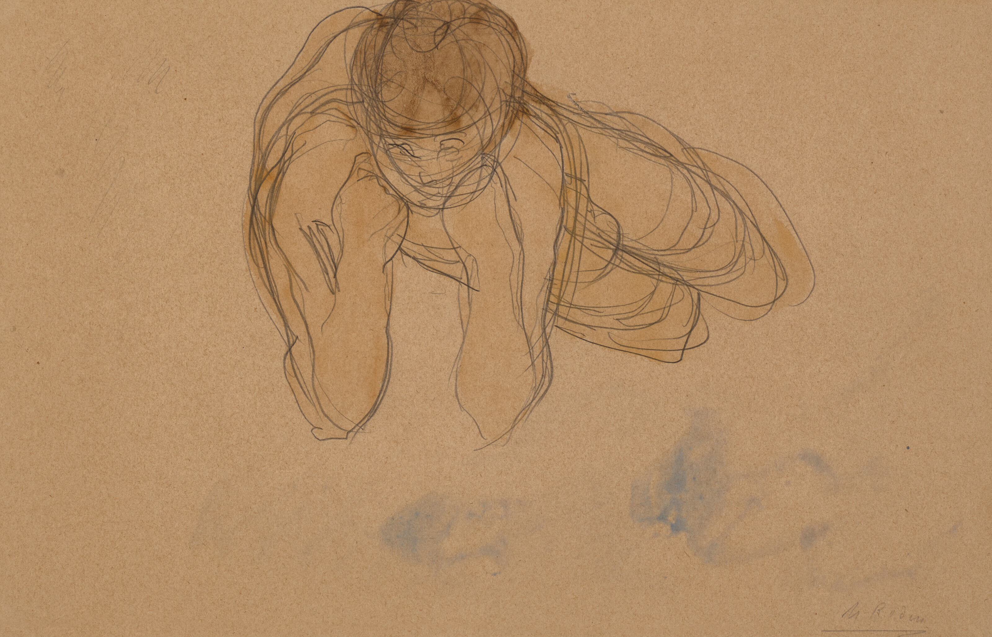 Femme nue couchée de face, sur le flanc droit, accoudée et les poings au menton