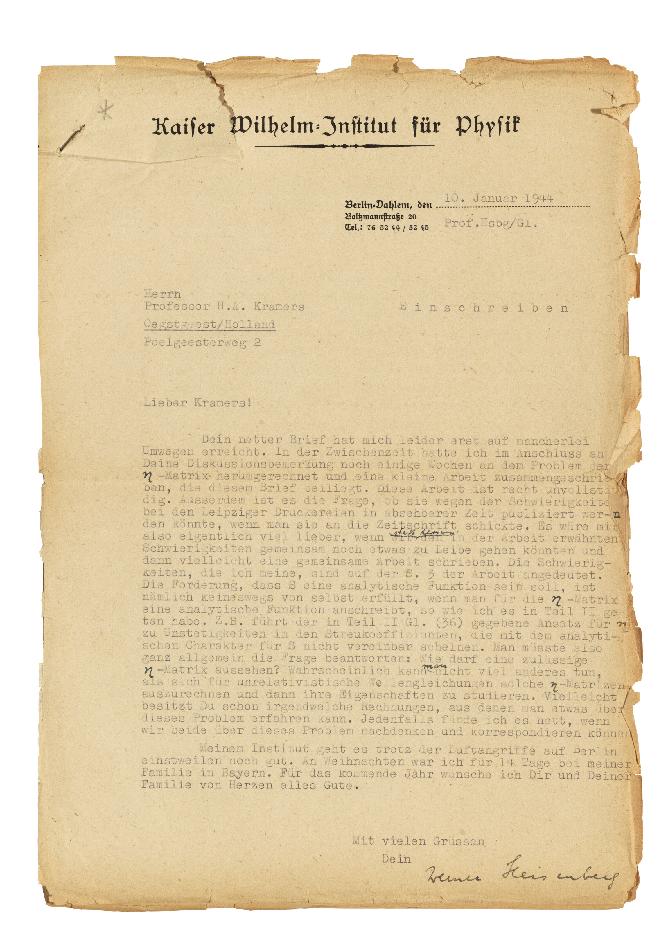 HEISENBERG, Werner (1901-1976), Typed letter signed ('Werner