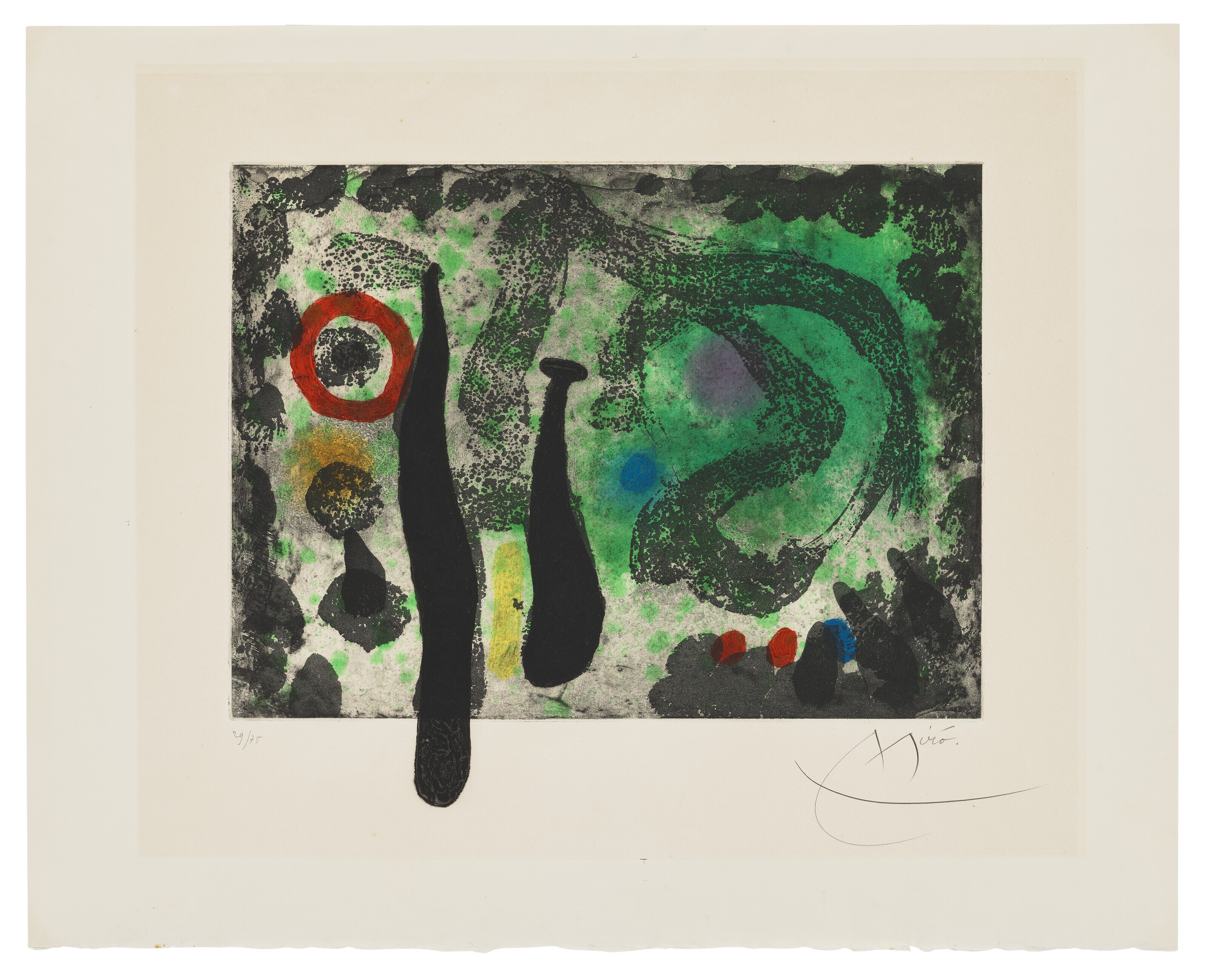 Joan Mir&oacute; (1893-1983), Le jardin de Mousse. Aquatint and carborundum in colours, 1968. Sheet: 575 x 715 mm. Sold for £6,048 on 28 September 2022, Christie’s Online