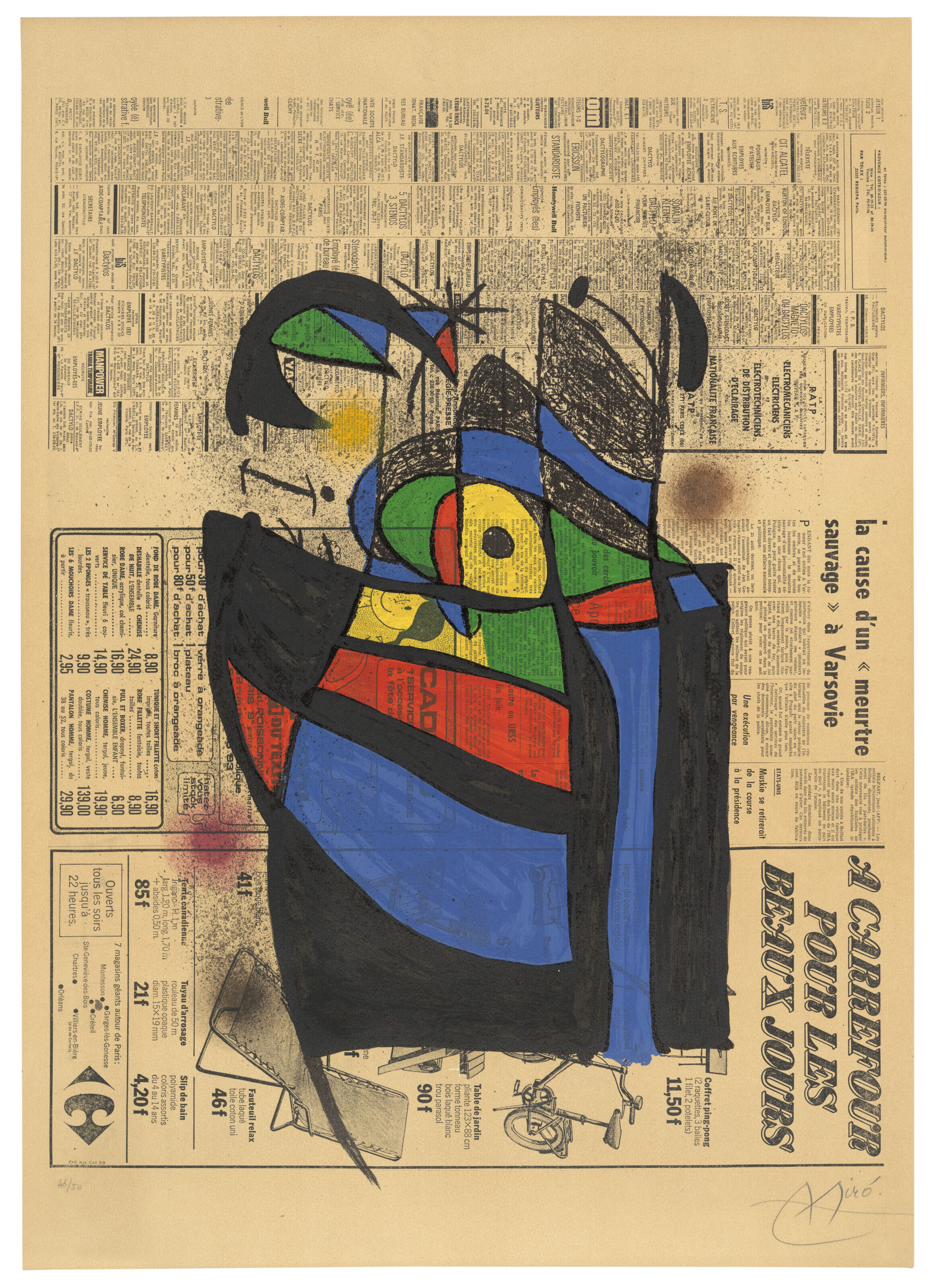 Joan Mir&oacute; (1893-1983), Le journal. Lithograph in colours, published by Maeght, Paris, 1972. Image &amp; sheet: 745 x 530 mm. Sold for £10,710 on 28 September 2022, Christie’s Online