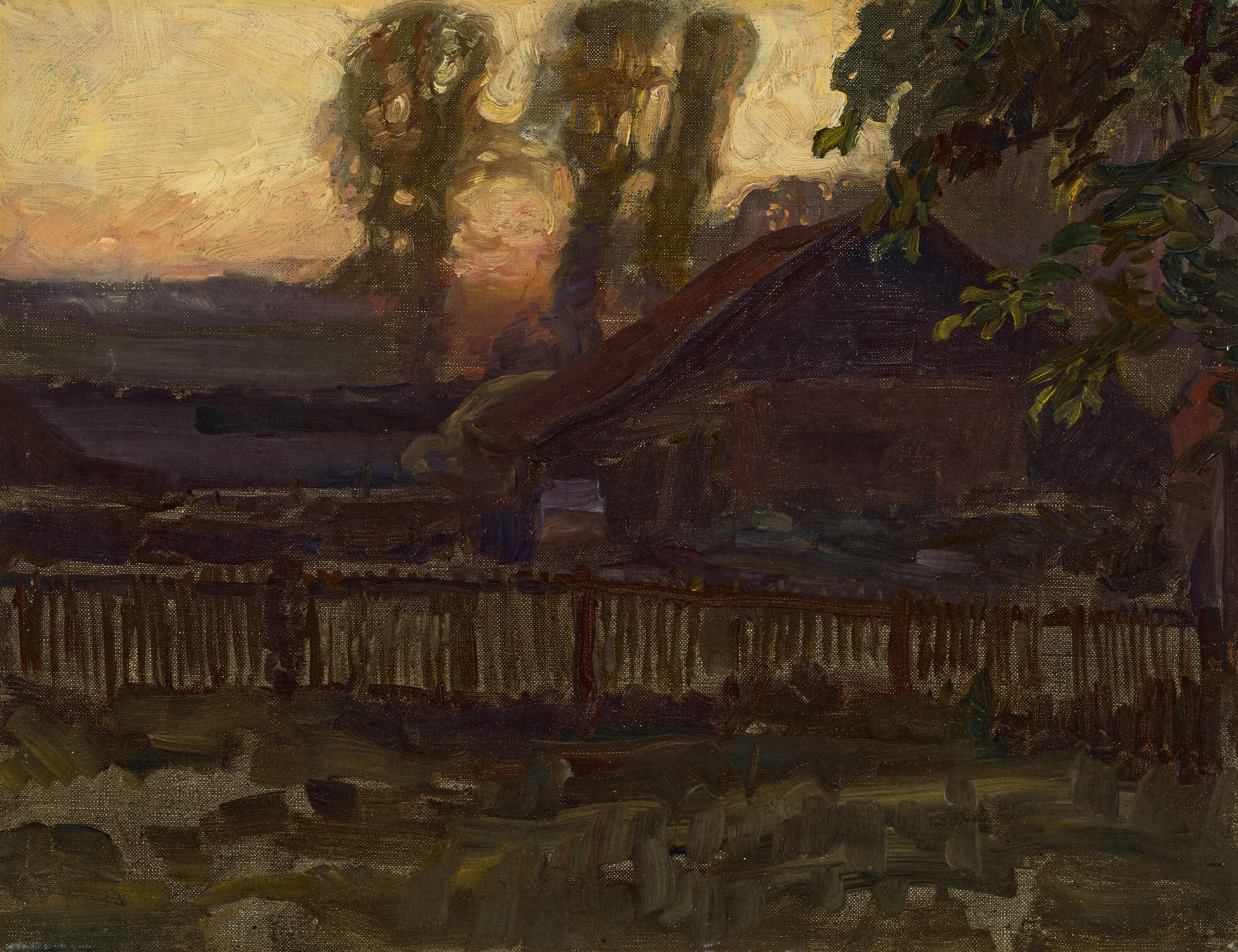 Sir Alfred James Munnings, P.R.A., R.W.S. (1878-1959), The old boathouse at the Mill at sunset, 1910. Oil on canvas. 14&frac14; x 18&frac14; in (36.2 x 46.4 cm). Estimate: &pound;8,000-12,000. Offered in British and European Art on 30 June-15 July 2022 at Christie&rsquo;s Online
