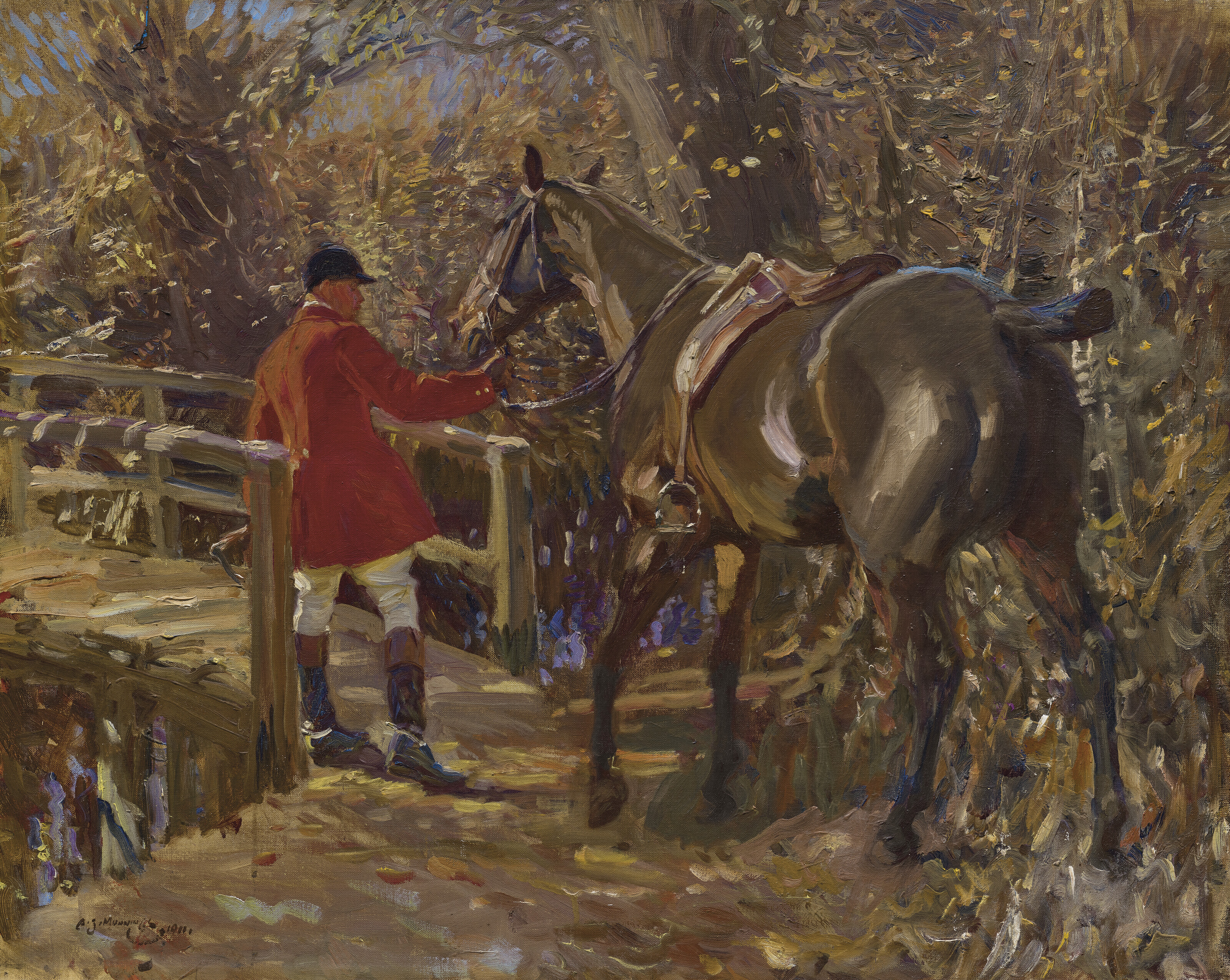 Sir Alfred James Munnings, P.R.A., R.W.S. (1878-1959), The Shortcut, 1911. Oil on canvas. 23 x 28&frac34; in (58.4 x 73 cm). Estimate: &pound;150,000-250,000. Offered in British and European Art on 30 June-15 July 2022 at Christie&rsquo;s Online