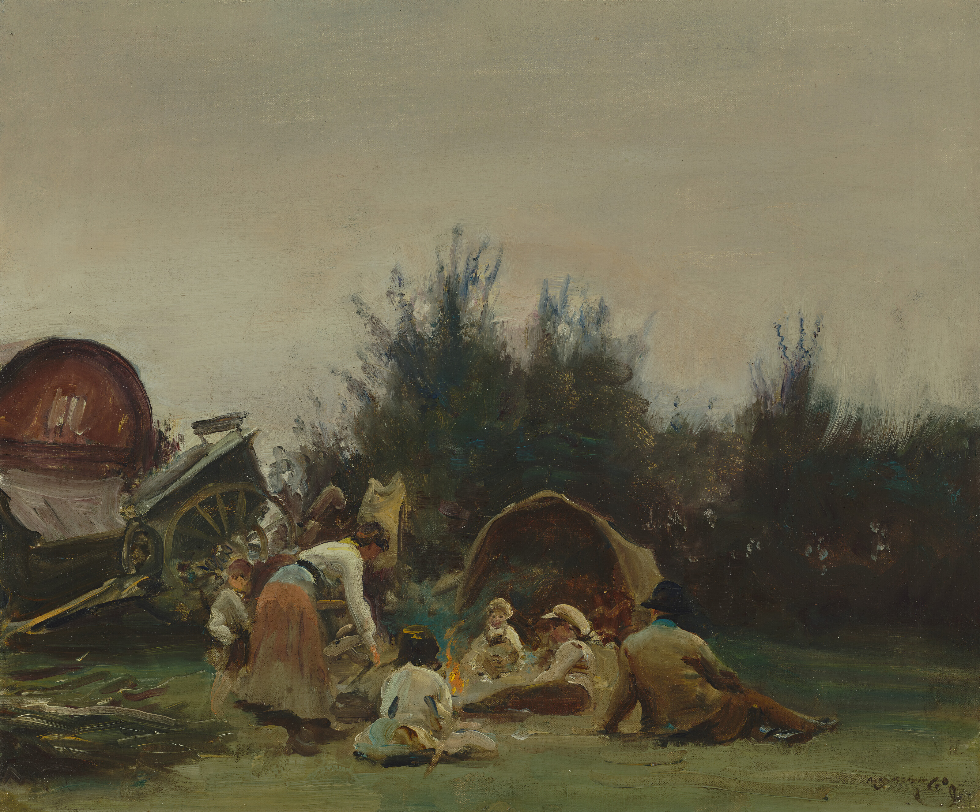 Sir Alfred James Munnings, P.R.A., R.W.S. (1878-1959), The Gypsy Camp &ndash; Evening. Oil on canvas. 20&frac14; x 24&frac14; in (50.8 x 61.6 cm). Estimate: &pound;60,000-80,000. Offered in British and European Art on 30 June-15 July 2022 at Christie&rsquo;s Online
