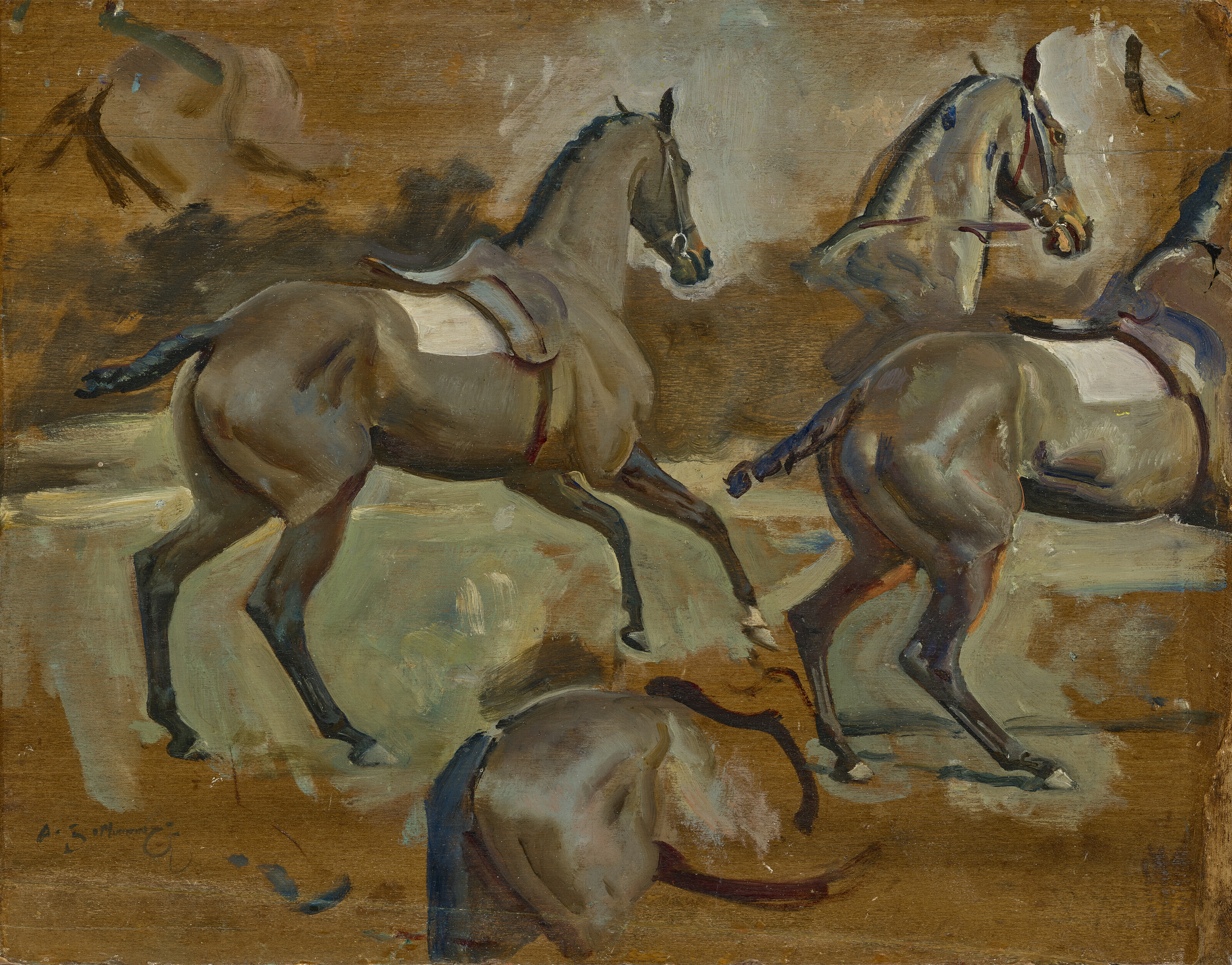 Sir Alfred James Munnings, P.R.A., R.W.S. (1878-1959), Study for &lsquo;Going to the Post&rsquo;. Oil on panel. 12 x 15&frac12; in (30.5 x 39.4 cm). Estimate: &pound;50,000-70,000. Offered in British and European Art on 30 June-15 July 2022 at Christie&rsquo;s Online