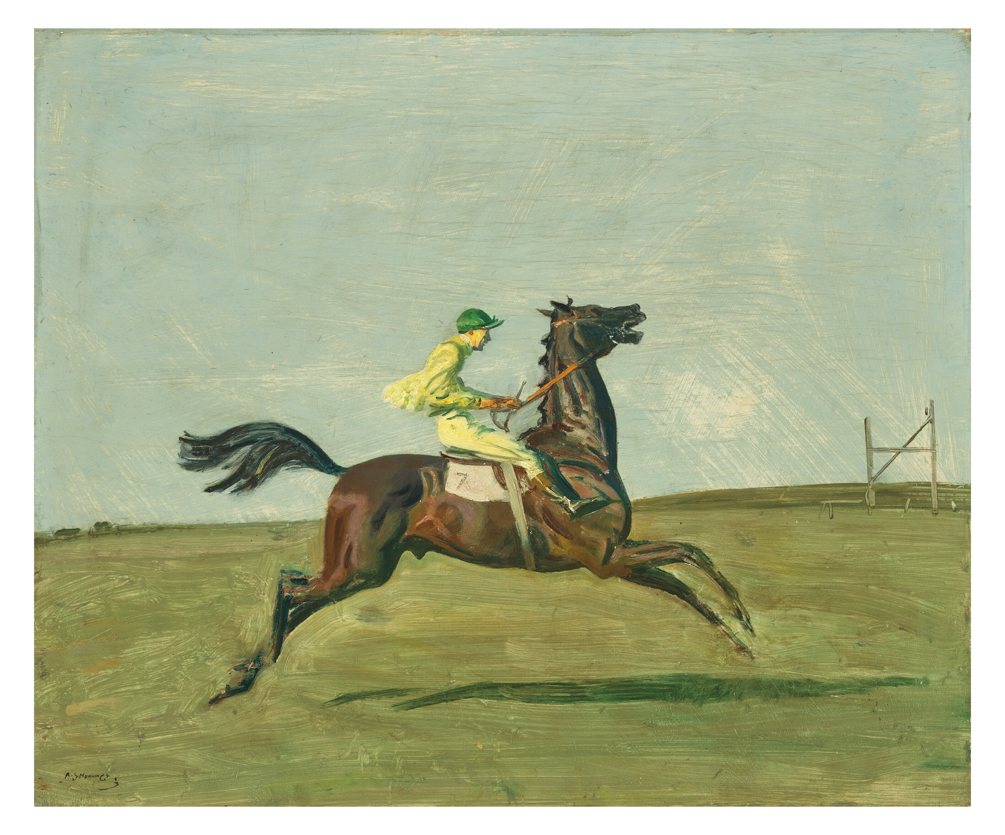 Sir Alfred James Munnings, R.A., R.W.S. (1878-1959), The Runaway &ndash; Newmarket incident, 1950. Oil on board. 20 x 24 in (50.8 x 61 cm). Estimate: &pound;80,000-120,000. Offered in British and European Art on 30 June-15 July 2022 at Christie&rsquo;s Online