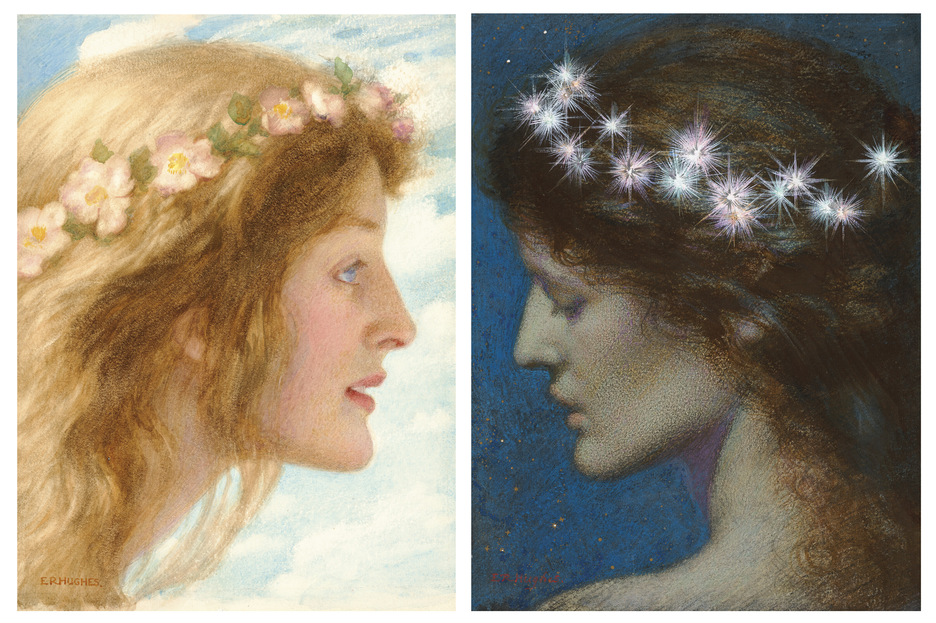 Edward Robert Hughes, R.W.S. (1851-1914), Day, and Night. The first pencil and watercolour; the second pencil and watercolour heightened with bodycolour, gum arabic and gold, both on pasteboard. 10&frac14; x 7&frac12; in (26 x 19 cm); 10⅜ x 7⅞  in (26.4 x 20 cm); two in one frame. Estimate: &pound;150,000-250,000. Offered in British and European Art: Part I on 13 December 2022 at Christie&rsquo;s in London