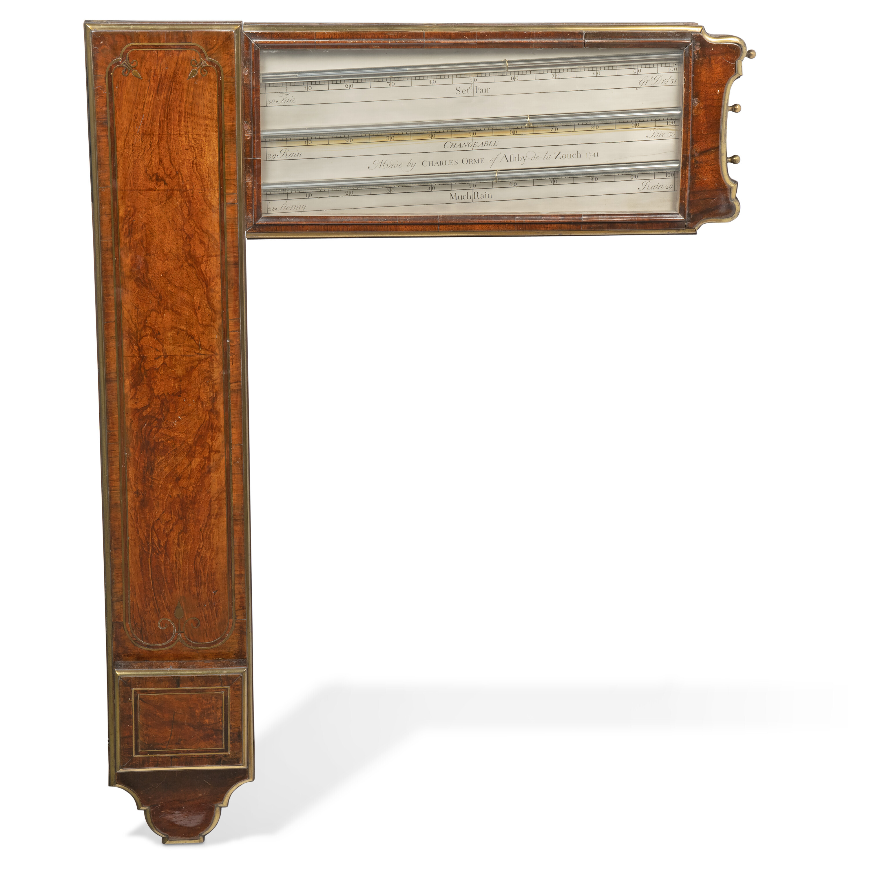 Charles Orme, Ashby-de-la-Zouch, dated 1741. A George II angle barometer. Walnut, padouk banding and brass. 42 in (106.7 cm) high; 31&frac12; in (80 cm) wide; 3&frac12; in (8.9 cm) deep. Sold for &pound;11,970 in The Collection of Sir Nicholas Goodison &mdash; British Art: Innovation and Craftsmanship on 25 May 2022 at Christie&rsquo;s in London