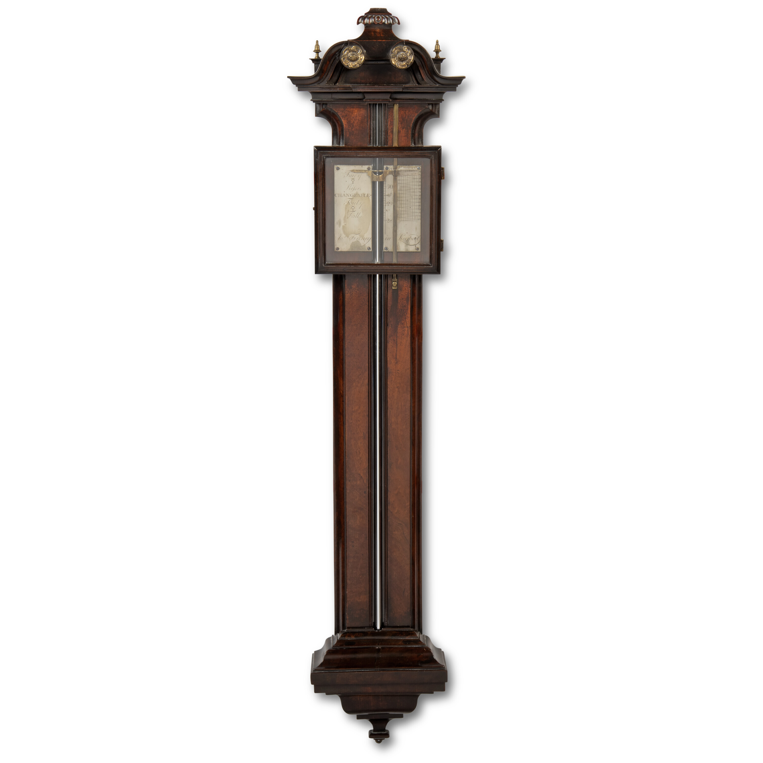 Joseph Finney, Liverpool, circa 1770. A George III stick barometer. Mahogany and brass. 44 3⁄4 in (113.7 cm) high; 10 in (25.4 cm) wide; 3 in (7.6 cm) deep. Offered in The Collection of Sir Nicholas Goodison — British Art: Innovation and Craftsmanship on 25 May 2022 at Christie&rsquo;s in London