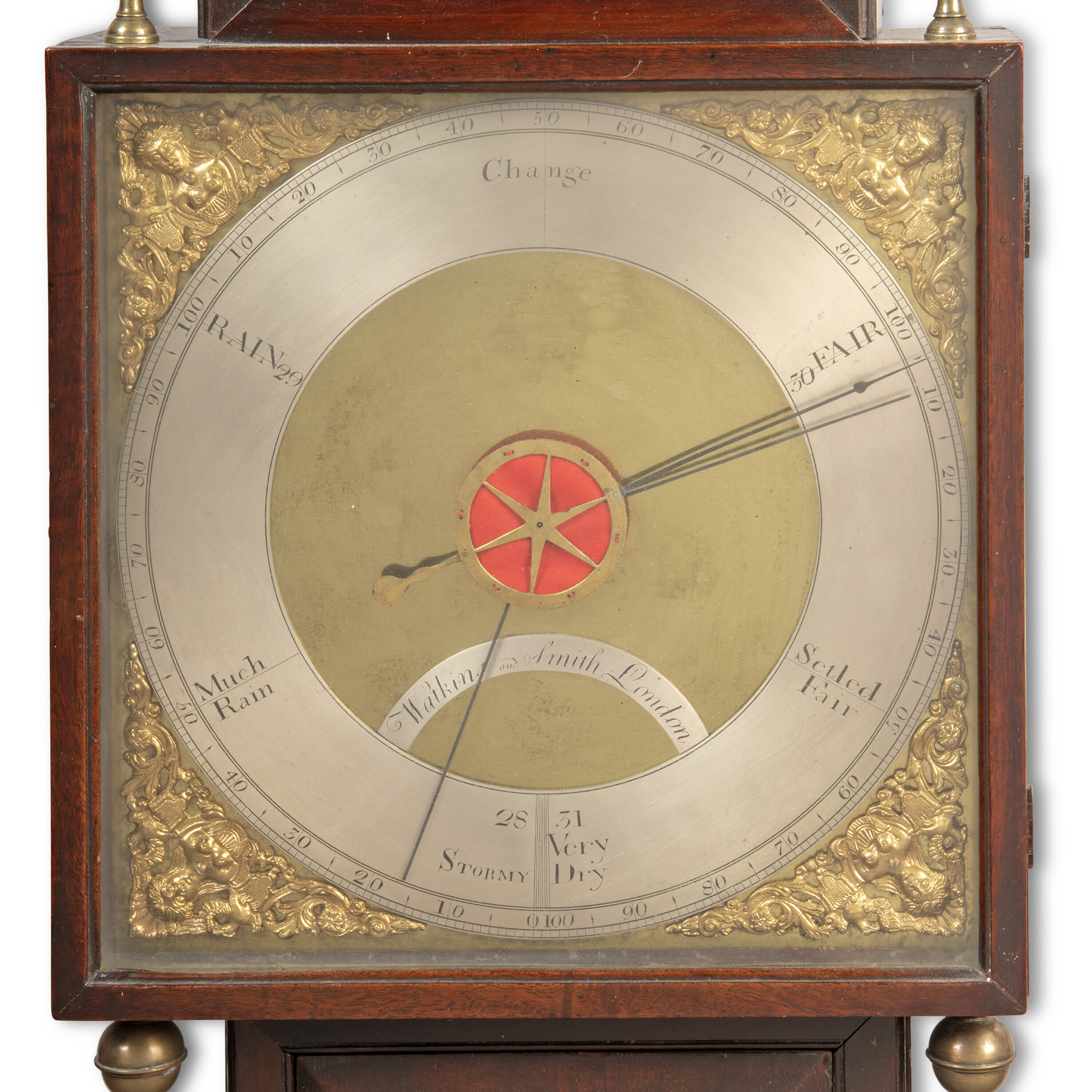 Watkins and Smith, and attributed to Justin Vulliamy, London, circa 1765. A George III wheel barometer. Mahogany and brass. 39 in (99 cm) high; 10&frac12; in (26.7 cm) wide; 4&frac14; in (10.8 cm) deep. Offered in The Collection of Sir Nicholas Goodison &mdash; British Art: Innovation and Craftsmanship on 25 May 2022 at Christie&rsquo;s in London