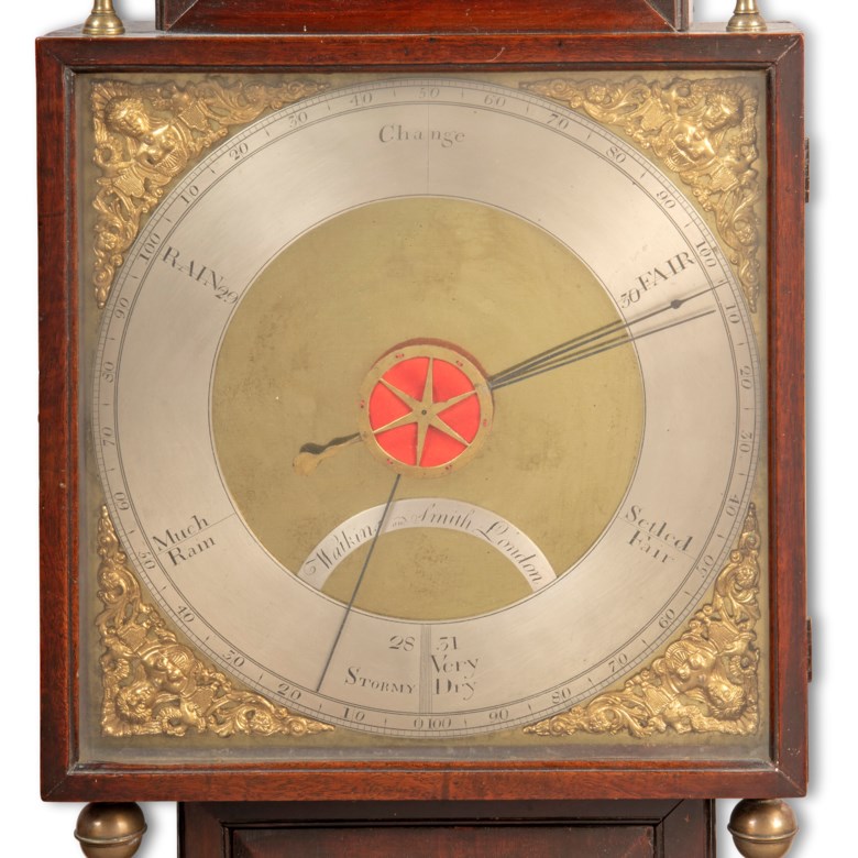 Watkins and Smith, and attributed to Justin Vulliamy, London, circa 1765. A George III wheel barometer. Mahogany and brass. 39 in (99 cm) high; 10½ in (26.7 cm) wide; 4¼ in (10.8 cm) deep. Offered in The Collection of Sir Nicholas Goodison — British Art Innovation and Craftsmanship on 25 May 2022 at Christie’s in London