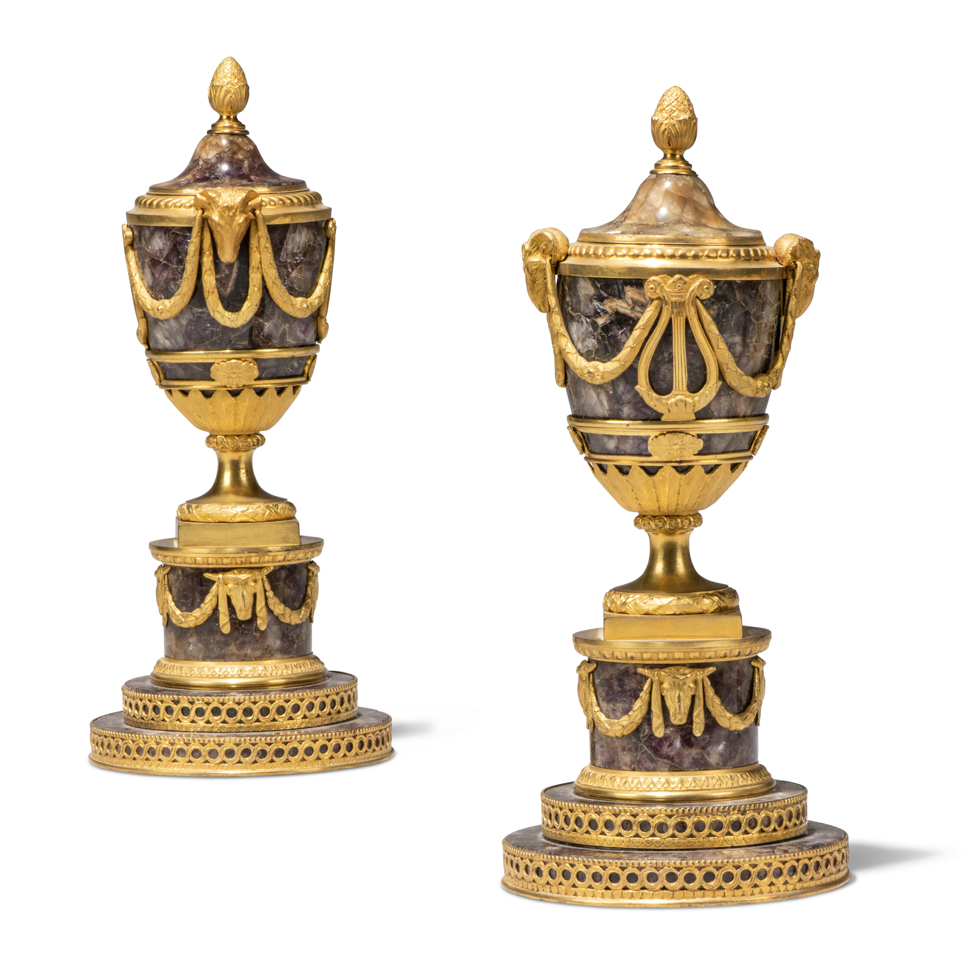 Matthew Boulton &amp; John Fothergill, circa 1771. A pair of George III ormolu and blue john 'lyre vase' perfume burners. Estimate: &pound;150,000-250,000. Offered in&nbsp;The Collection of Sir Nicholas Goodison - British Art: Innovation and Craftsmanship on 25 May 2022 at Christie&rsquo;s in London